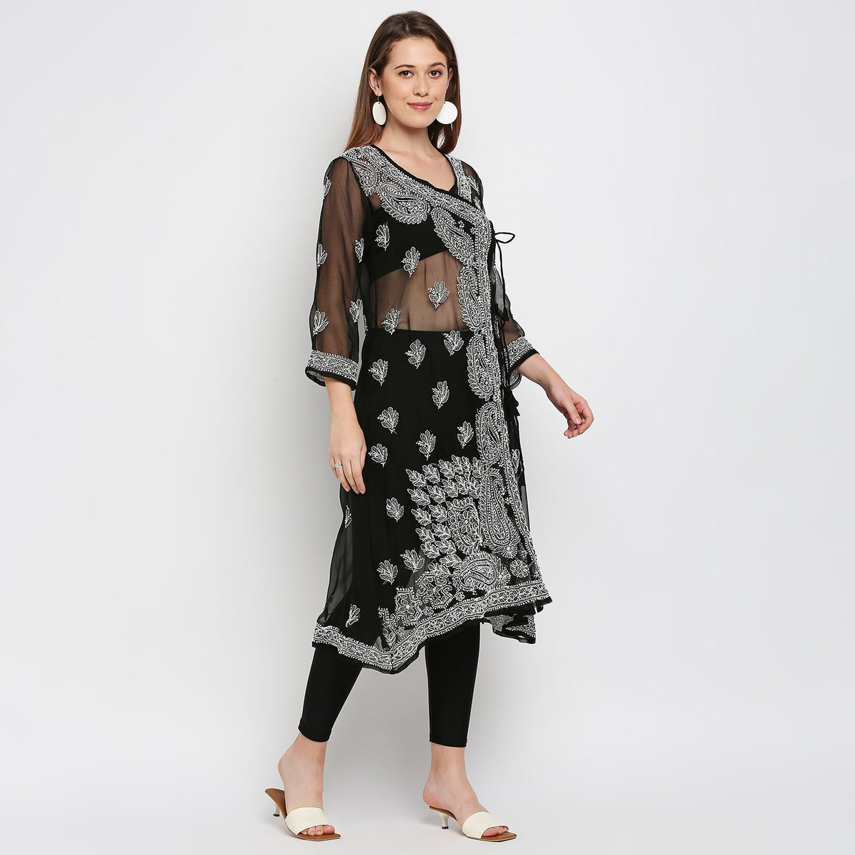 Lucknow Chikankari Hand Embroidered Angrakha Long Kurti, Georgette - Indiankala4u