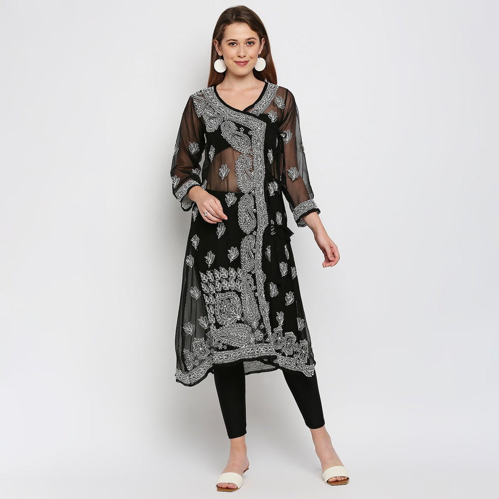 Lucknow Chikankari Hand Embroidered Angrakha Long Kurti, Georgette - Indiankala4u