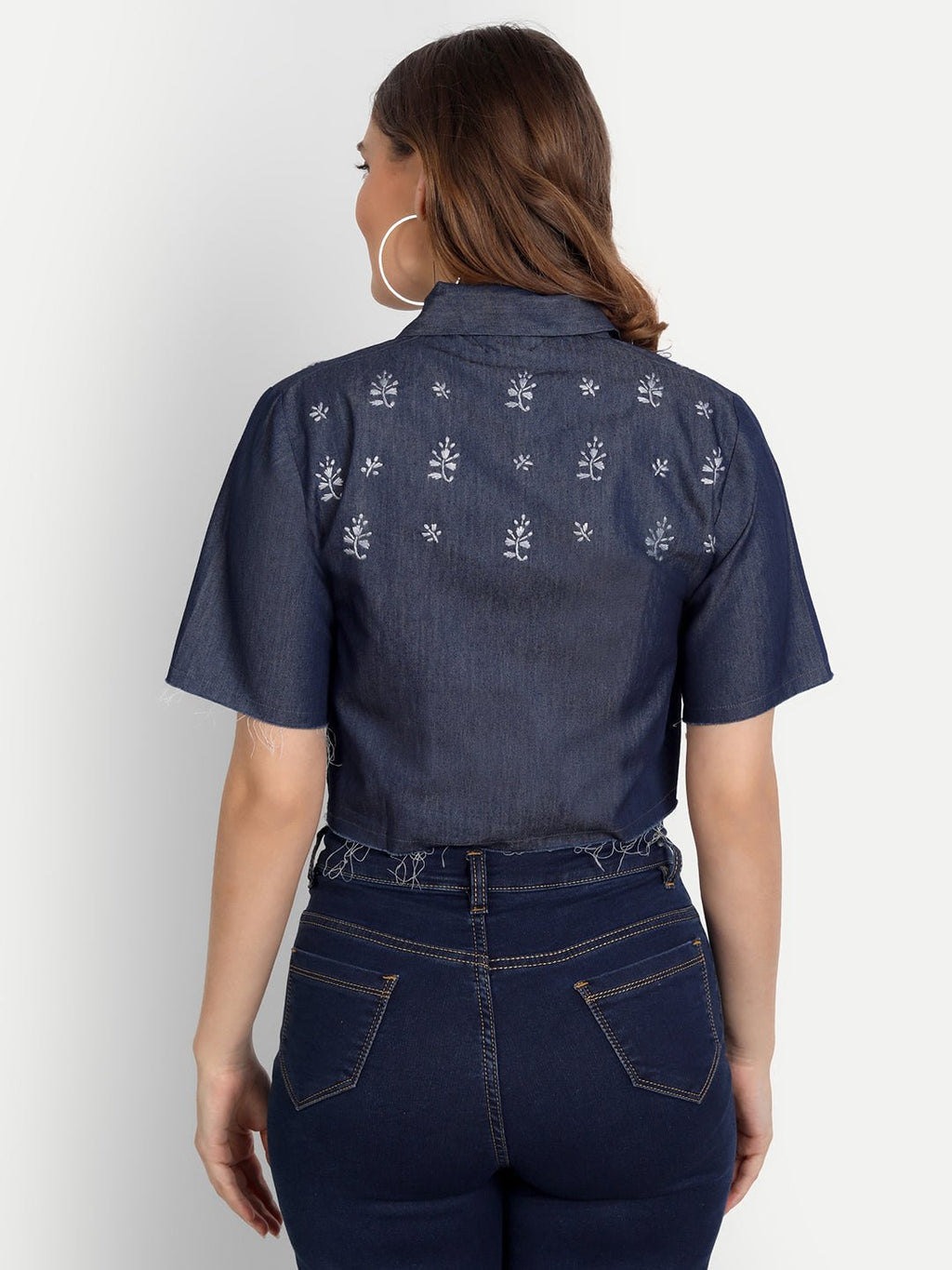 Lucknow Chikankari Hand Embroidered Crop top Denim Jacket - Indiankala4u