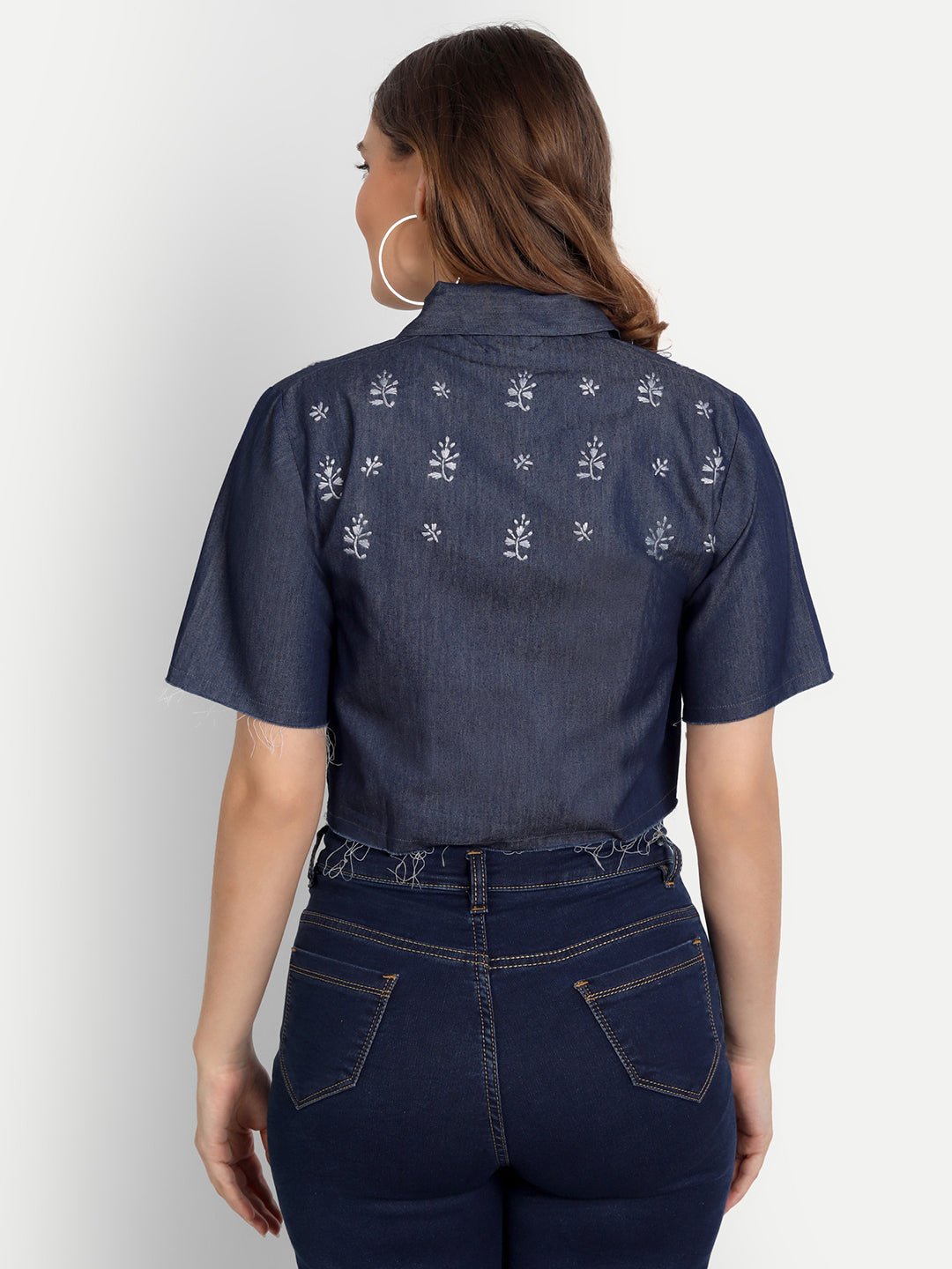 Lucknow Chikankari Hand Embroidered Crop top Denim Jacket - Indiankala4u