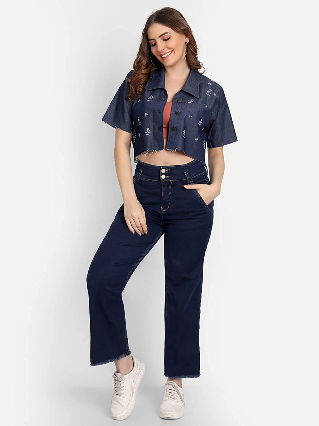 Lucknow Chikankari Hand Embroidered Crop top Denim Jacket - Indiankala4u