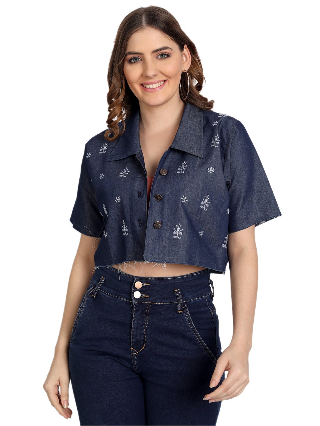 Lucknow Chikankari Hand Embroidered Crop top Denim Jacket - Indiankala4u