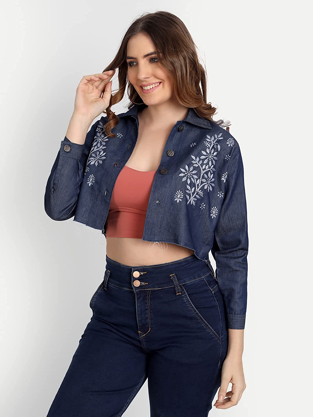 Lucknow Chikankari Hand Embroidered Crop top Denim Jacket - Indiankala4u