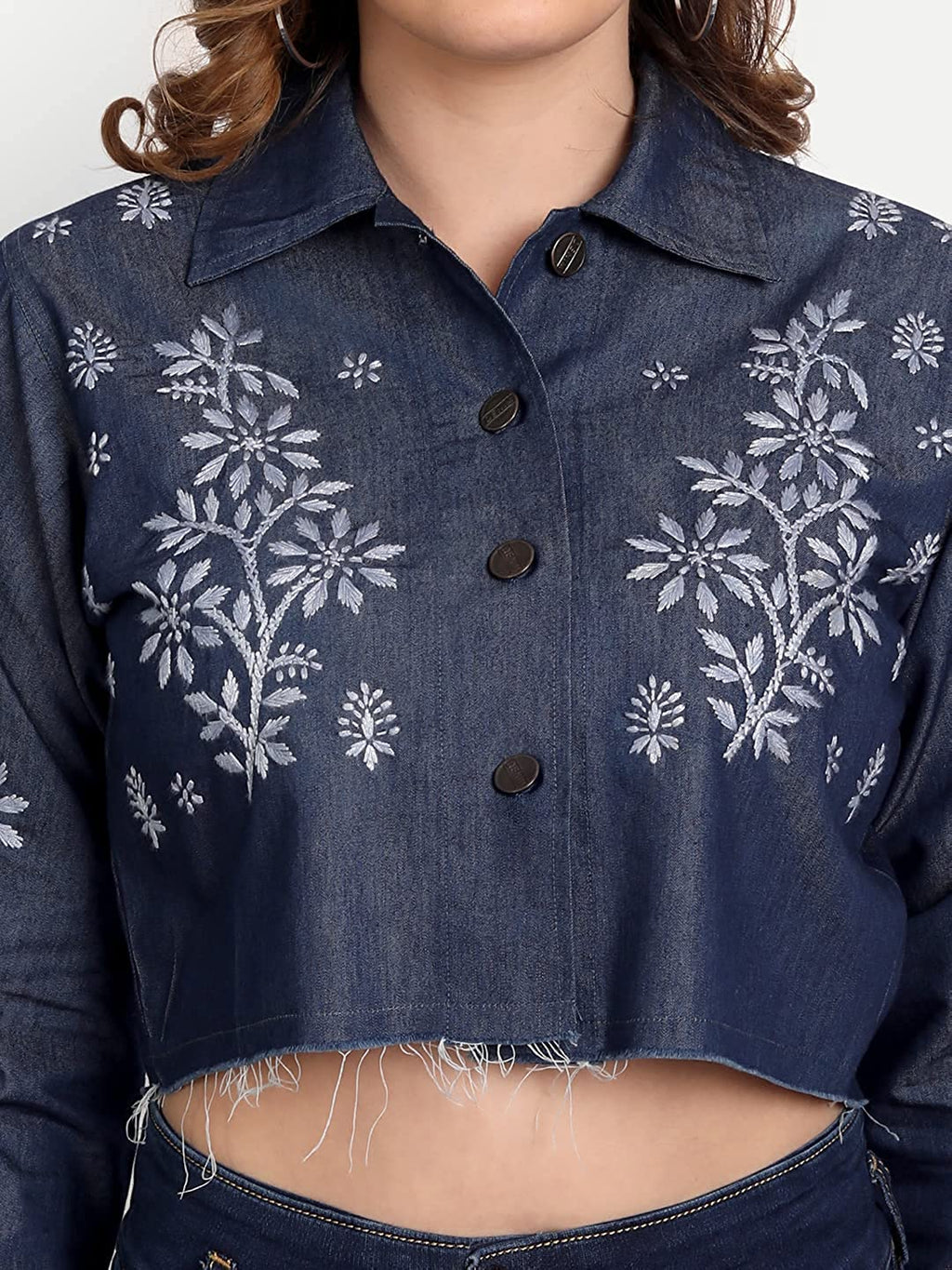 Lucknow Chikankari Hand Embroidered Crop top Denim Jacket - Indiankala4u