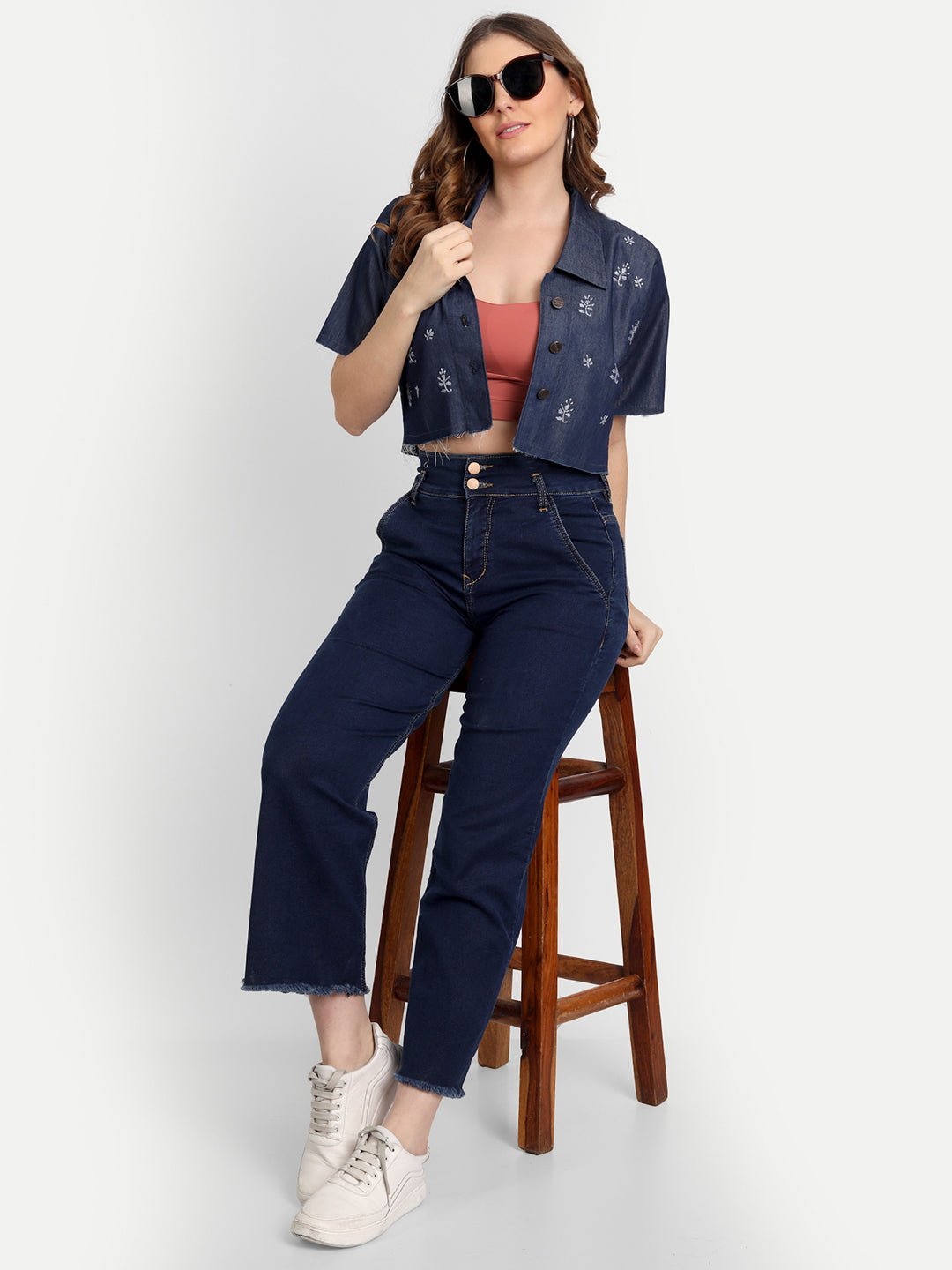 Lucknow Chikankari Hand Embroidered Crop top Denim Jacket - Indiankala4u