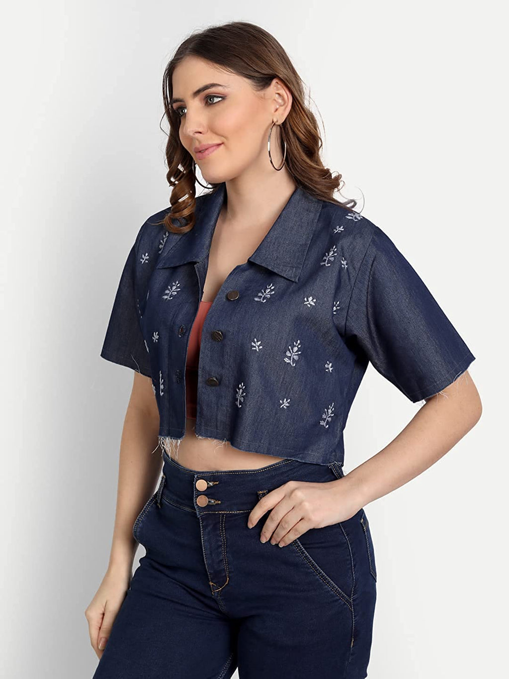 Lucknow Chikankari Hand Embroidered Crop top Denim Jacket - Indiankala4u