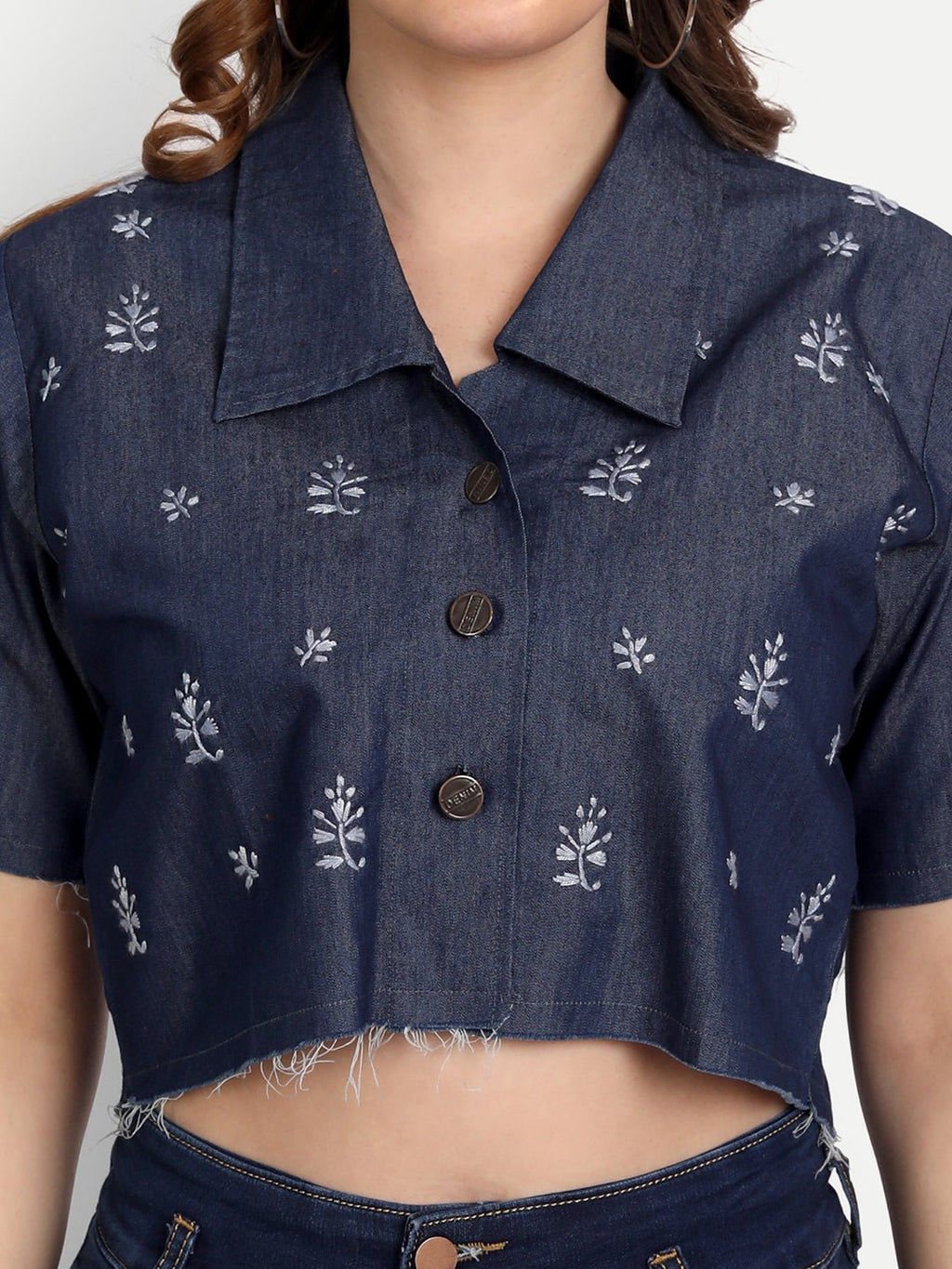 Lucknow Chikankari Hand Embroidered Crop top Denim Jacket - Indiankala4u