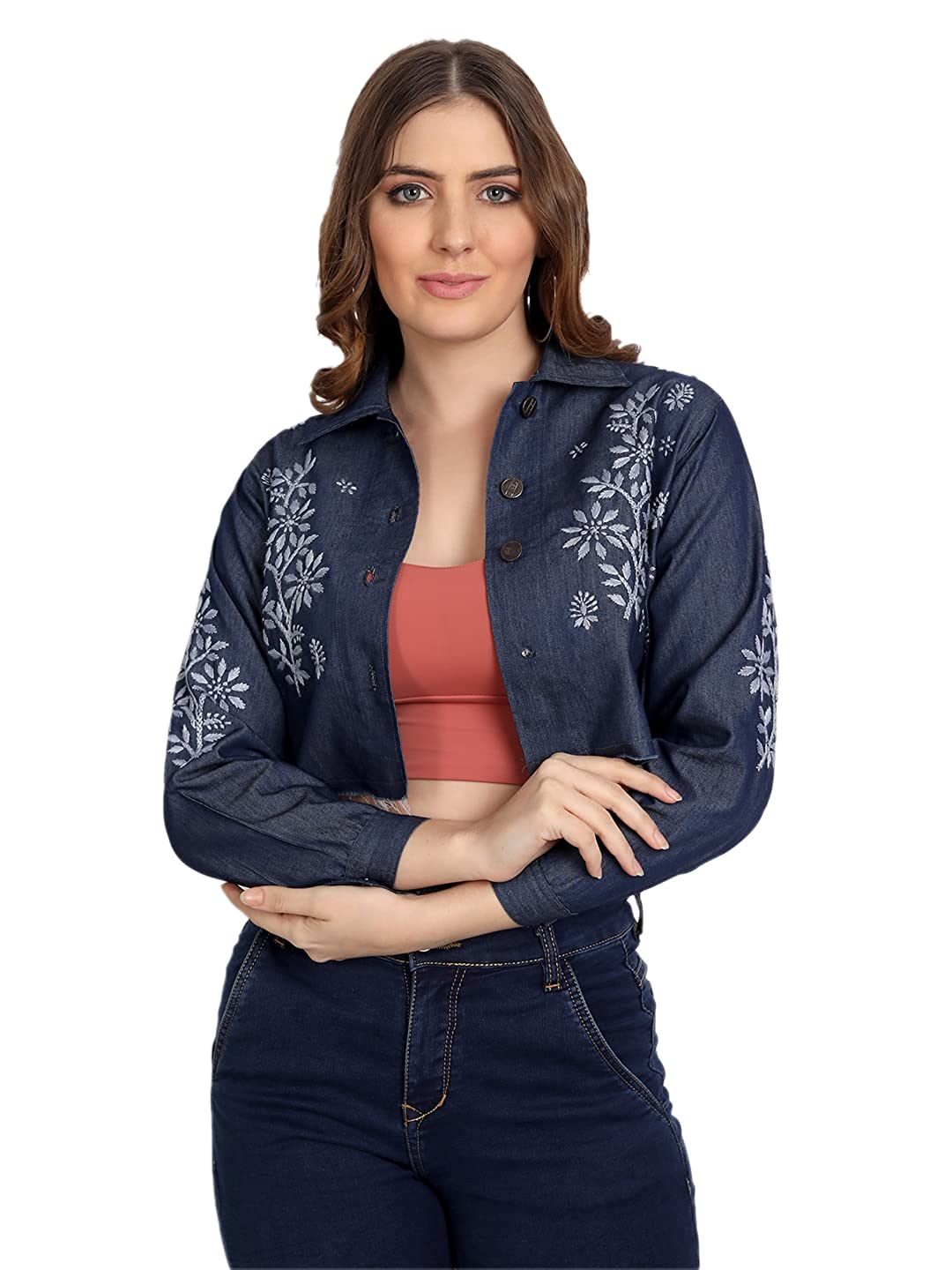 Lucknow Chikankari Hand Embroidered Crop top Denim Jacket - Indiankala4u