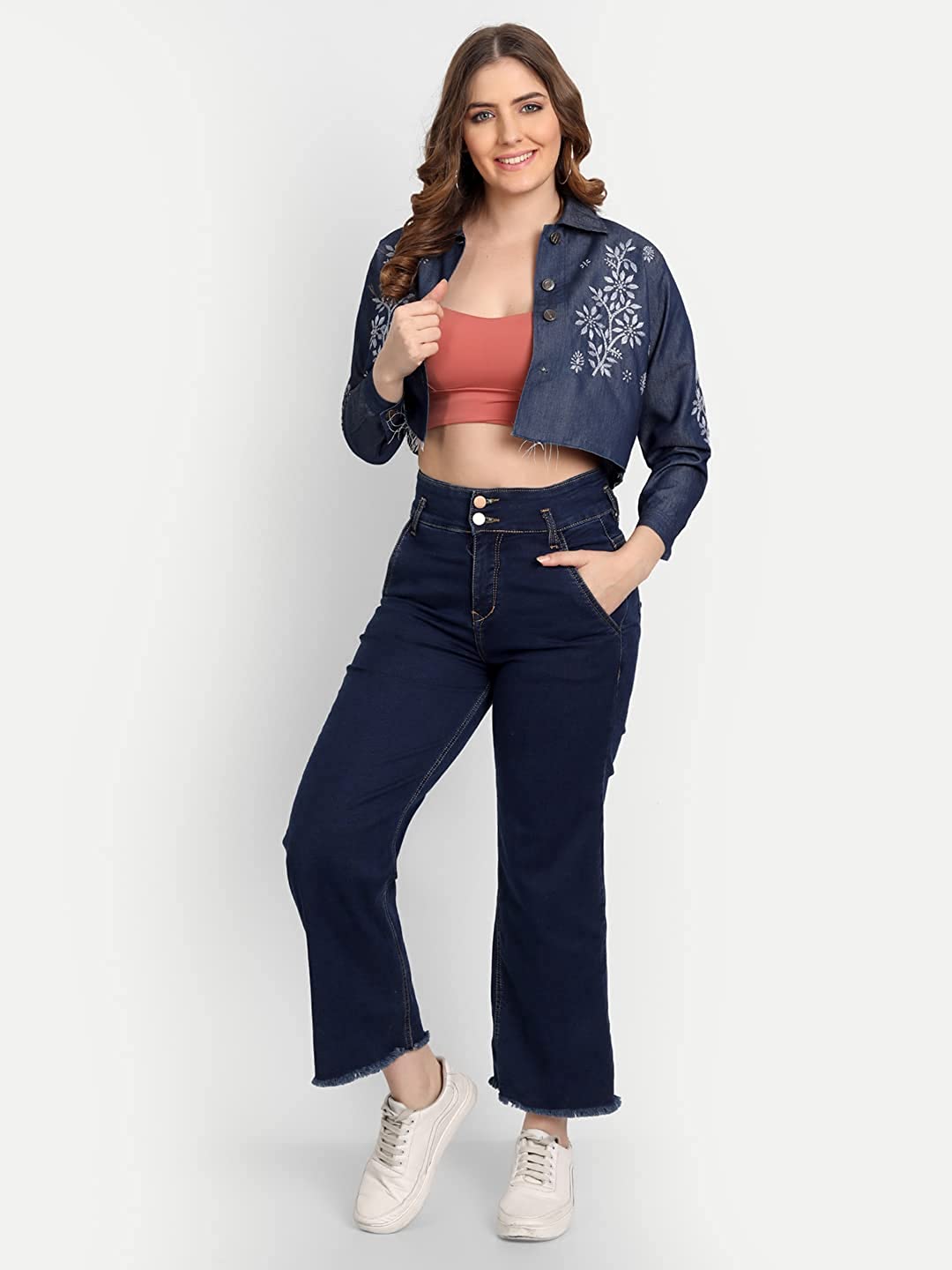 Lucknow Chikankari Hand Embroidered Crop top Denim Jacket - Indiankala4u