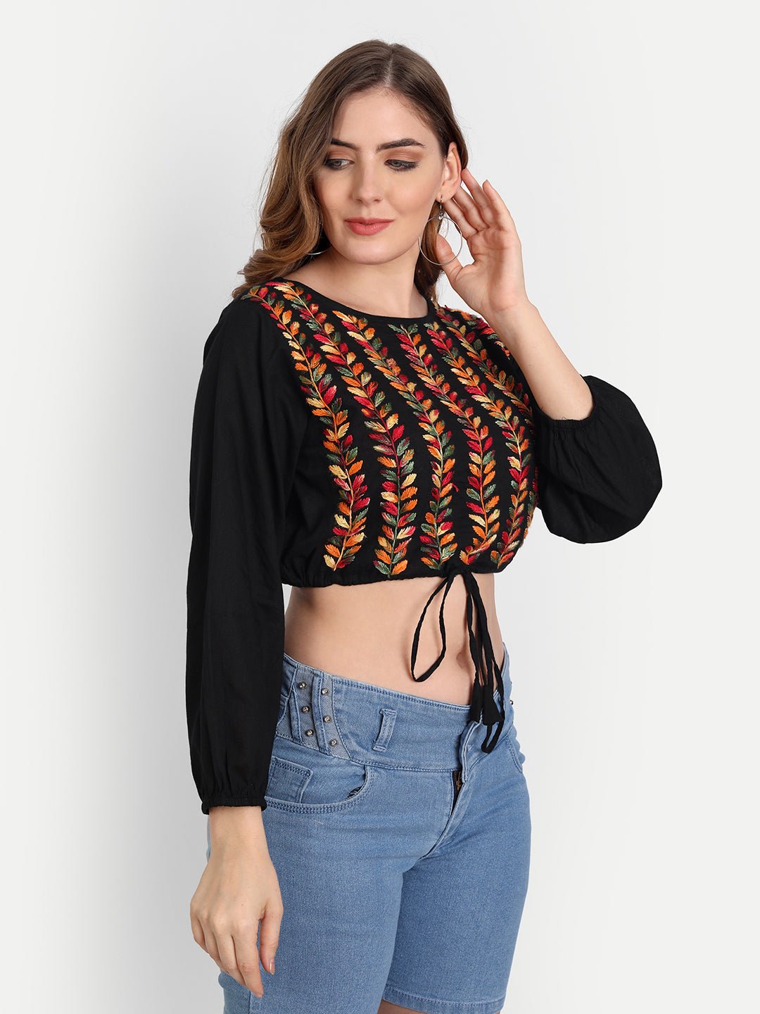 Lucknow Chikankari Hand Embroidered Crop top with Tie ups Cotton - Indiankala4u