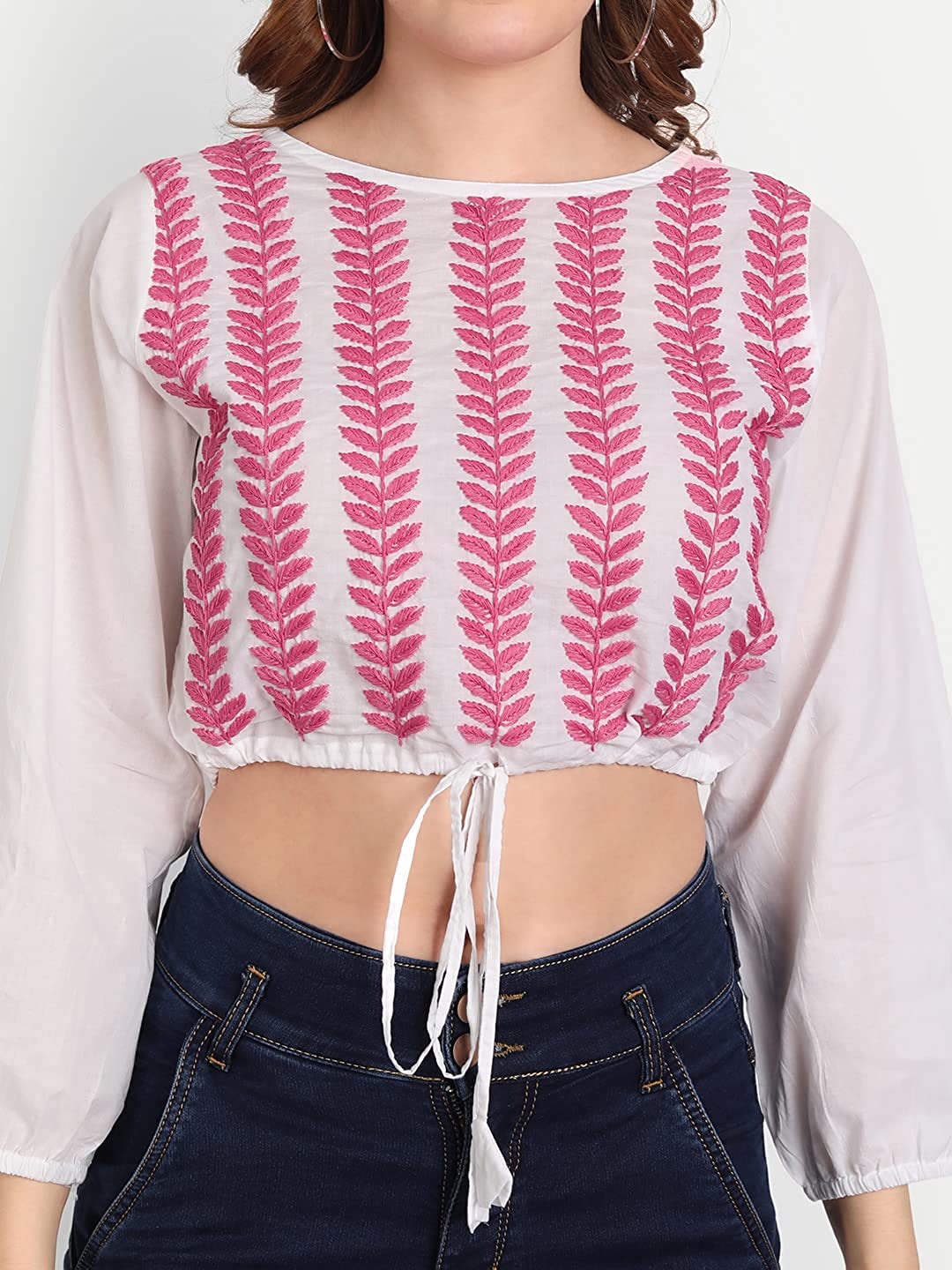 Lucknow Chikankari Hand Embroidered Crop top with Tie ups Cotton - Indiankala4u