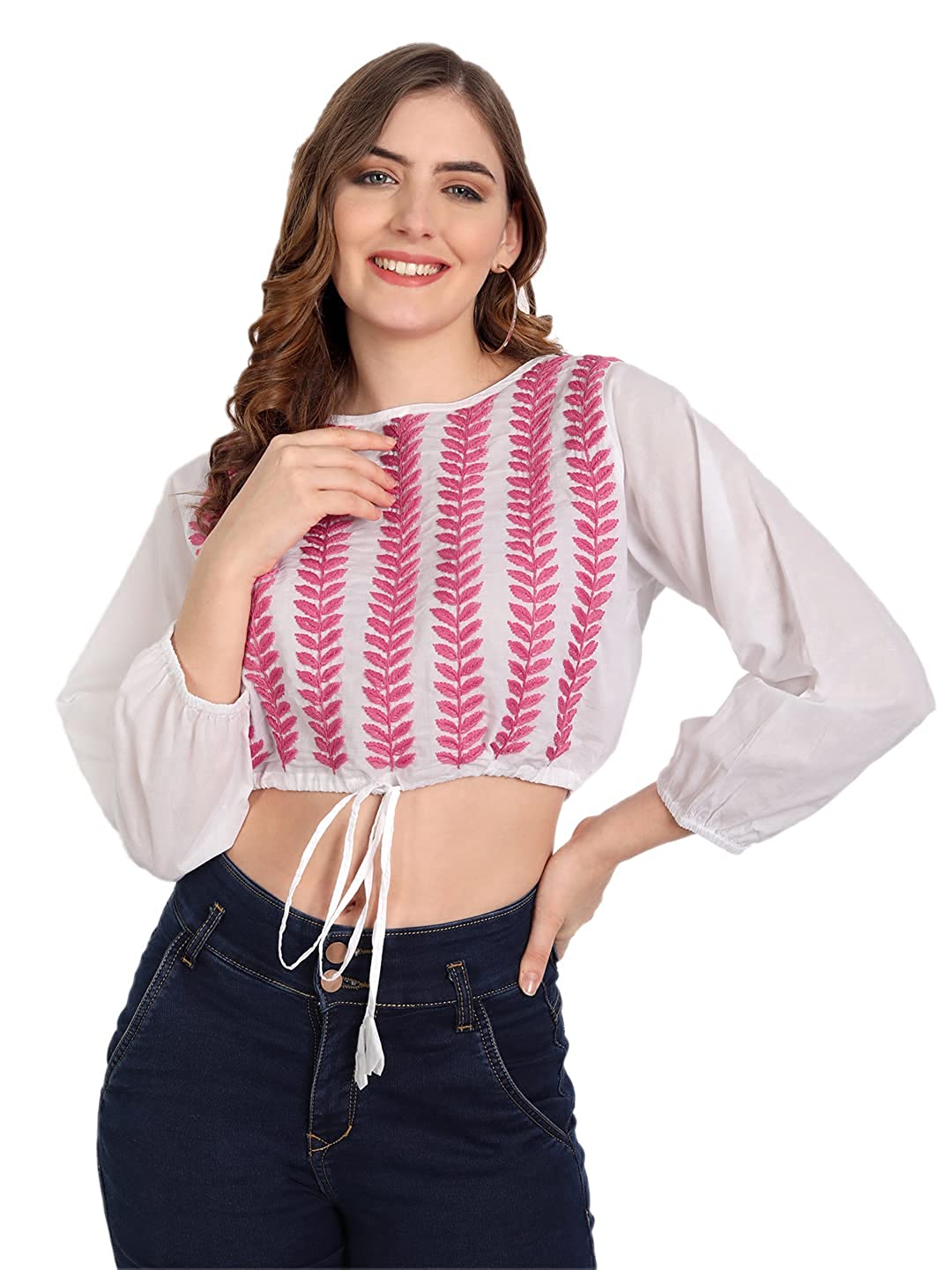 Lucknow Chikankari Hand Embroidered Crop top with Tie ups Cotton - Indiankala4u