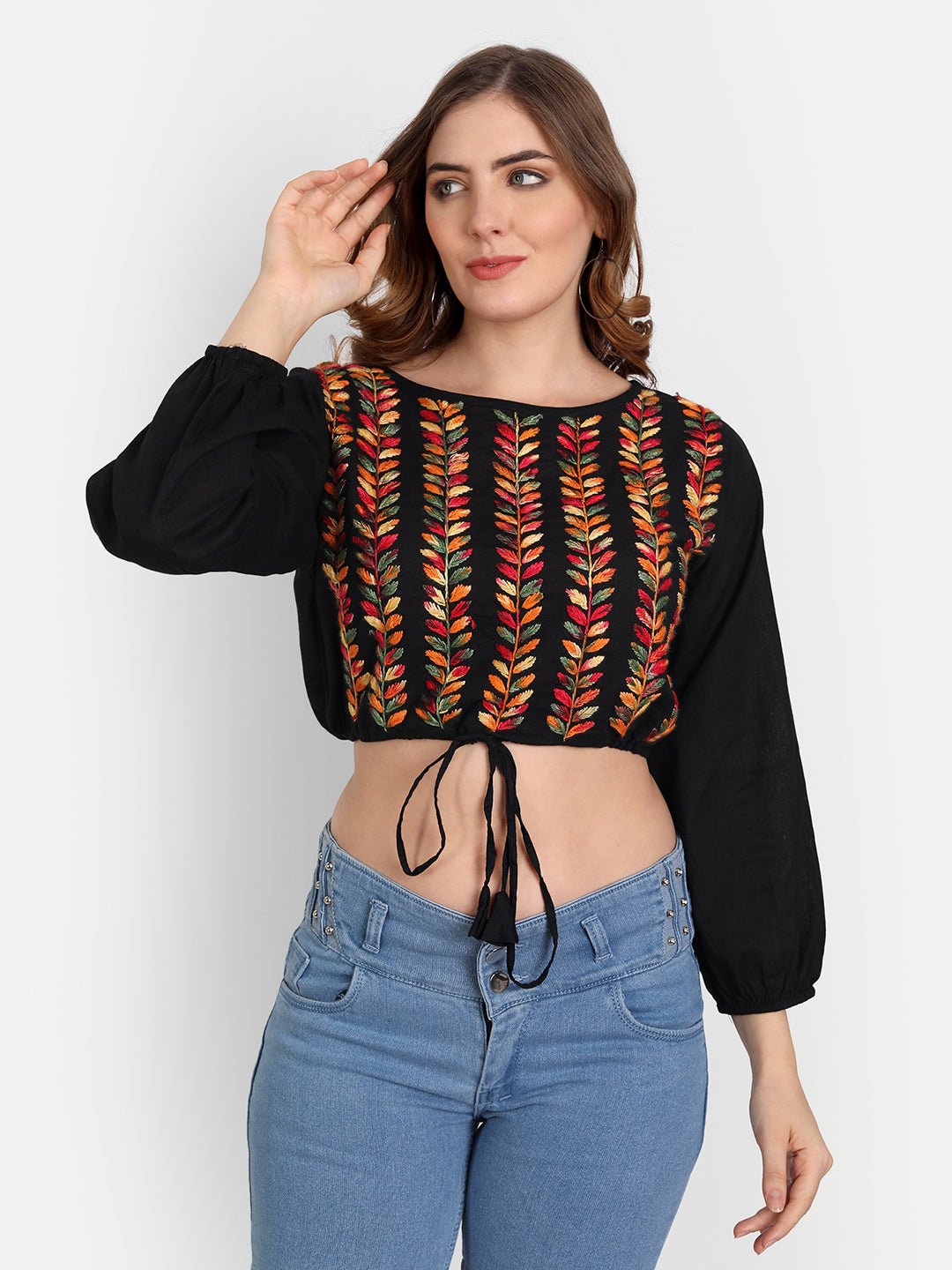 Lucknow Chikankari Hand Embroidered Crop top with Tie ups Cotton - Indiankala4u