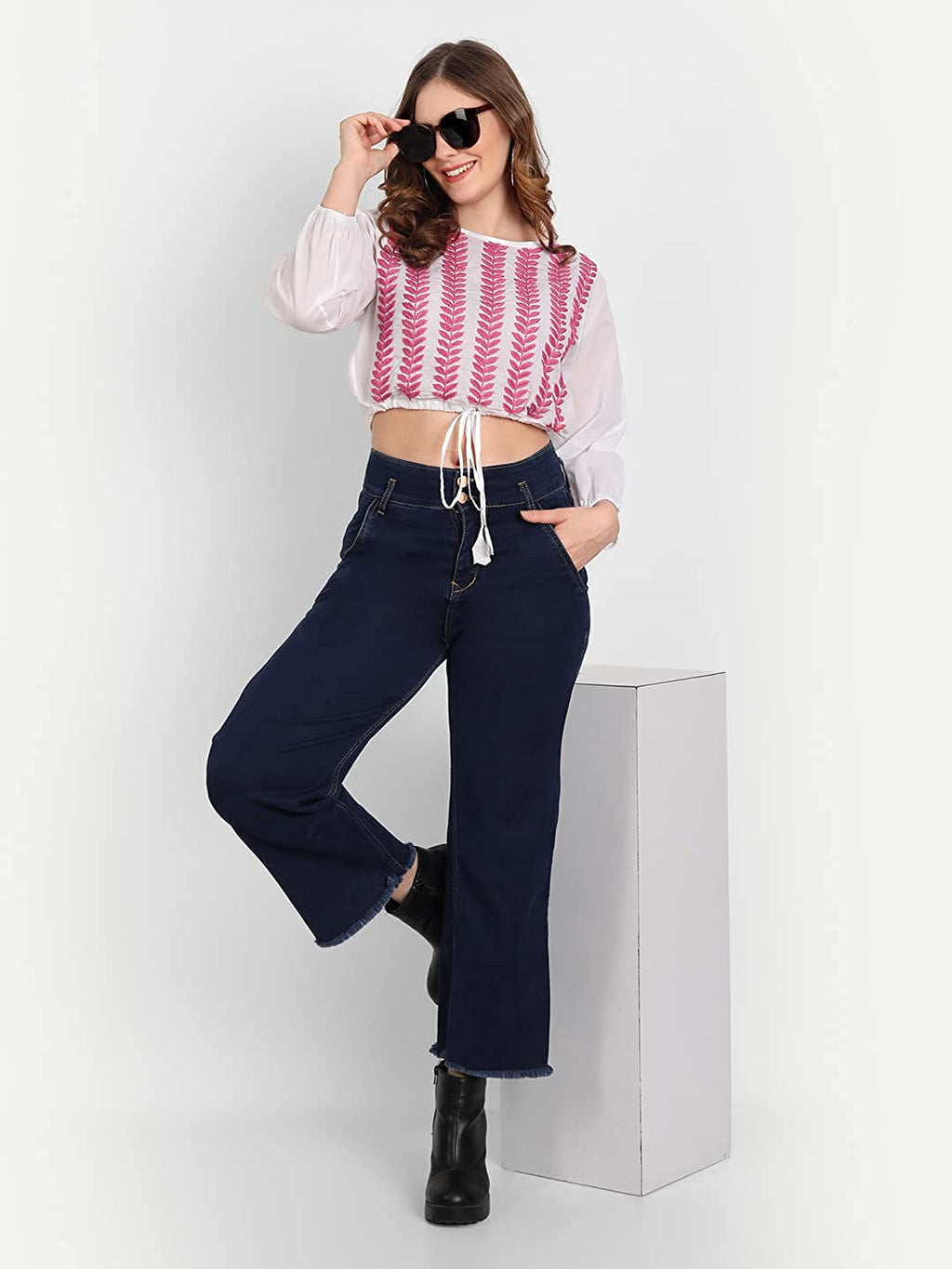 Lucknow Chikankari Hand Embroidered Crop top with Tie ups Cotton - Indiankala4u