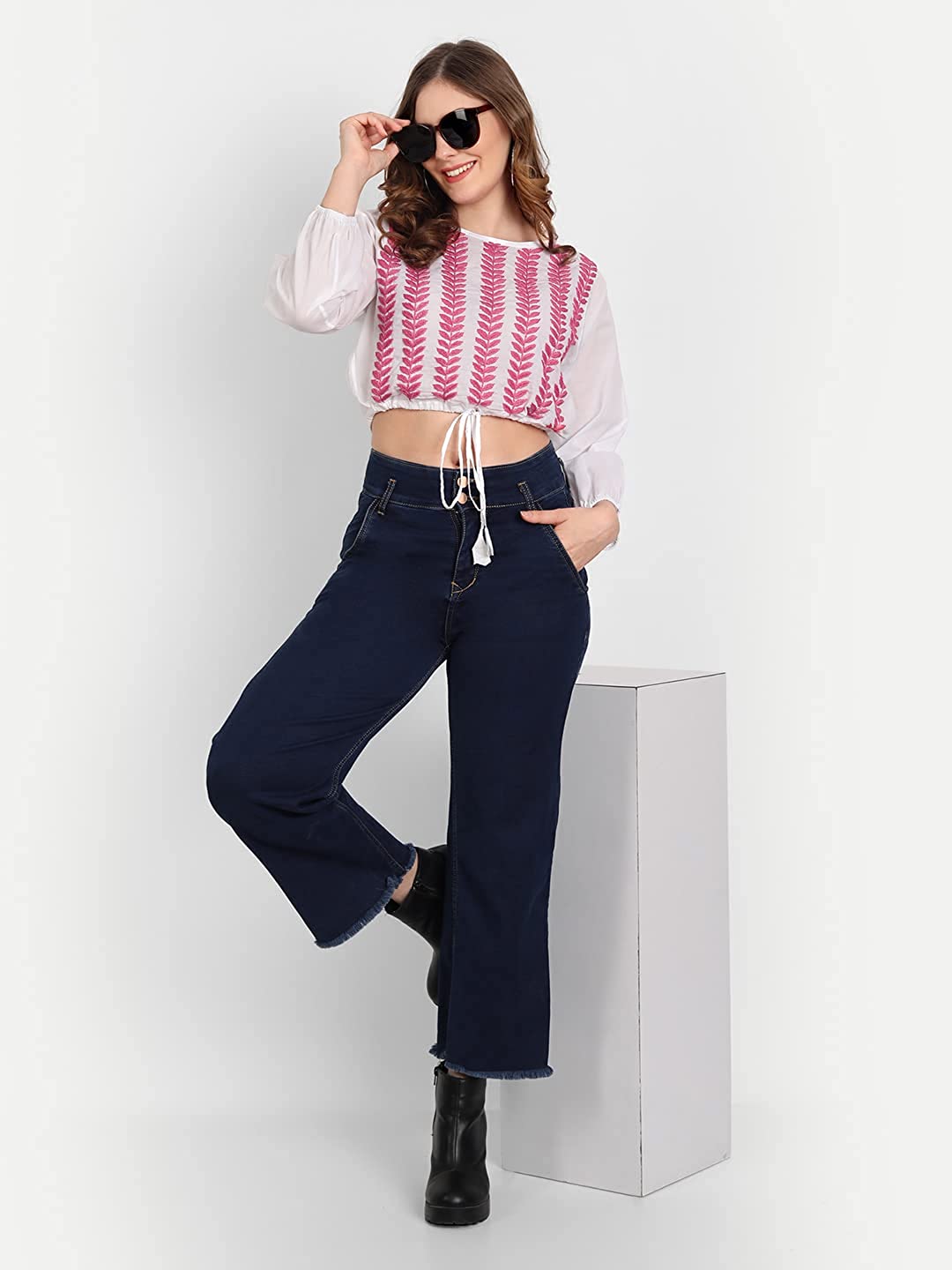 Lucknow Chikankari Hand Embroidered Crop top with Tie ups Cotton - Indiankala4u