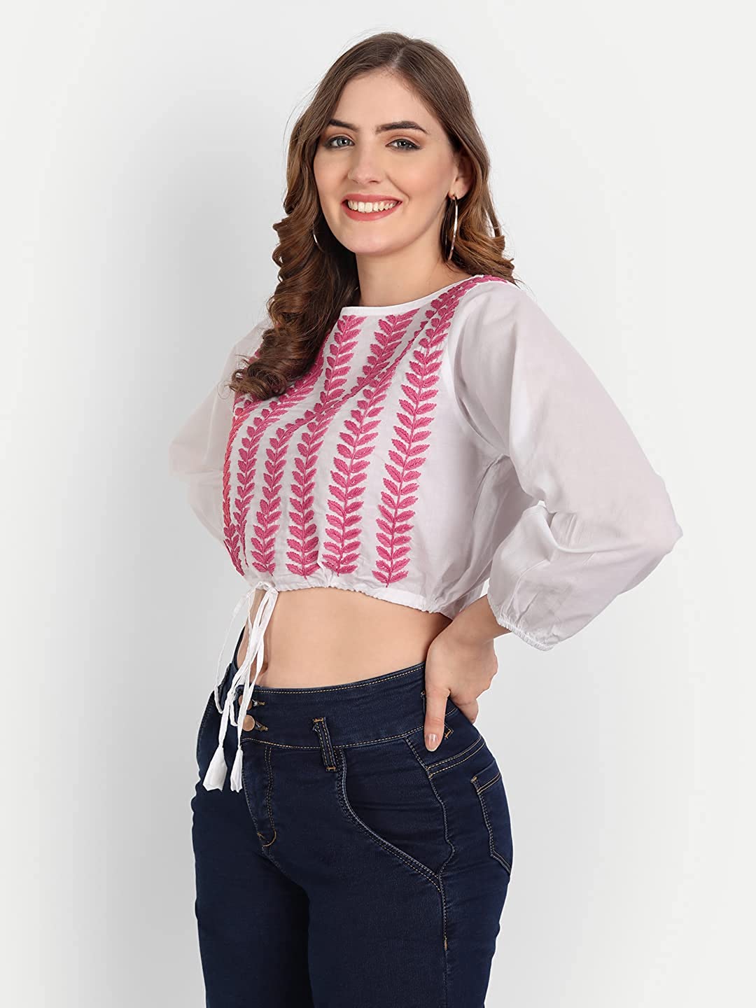 Lucknow Chikankari Hand Embroidered Crop top with Tie ups Cotton - Indiankala4u