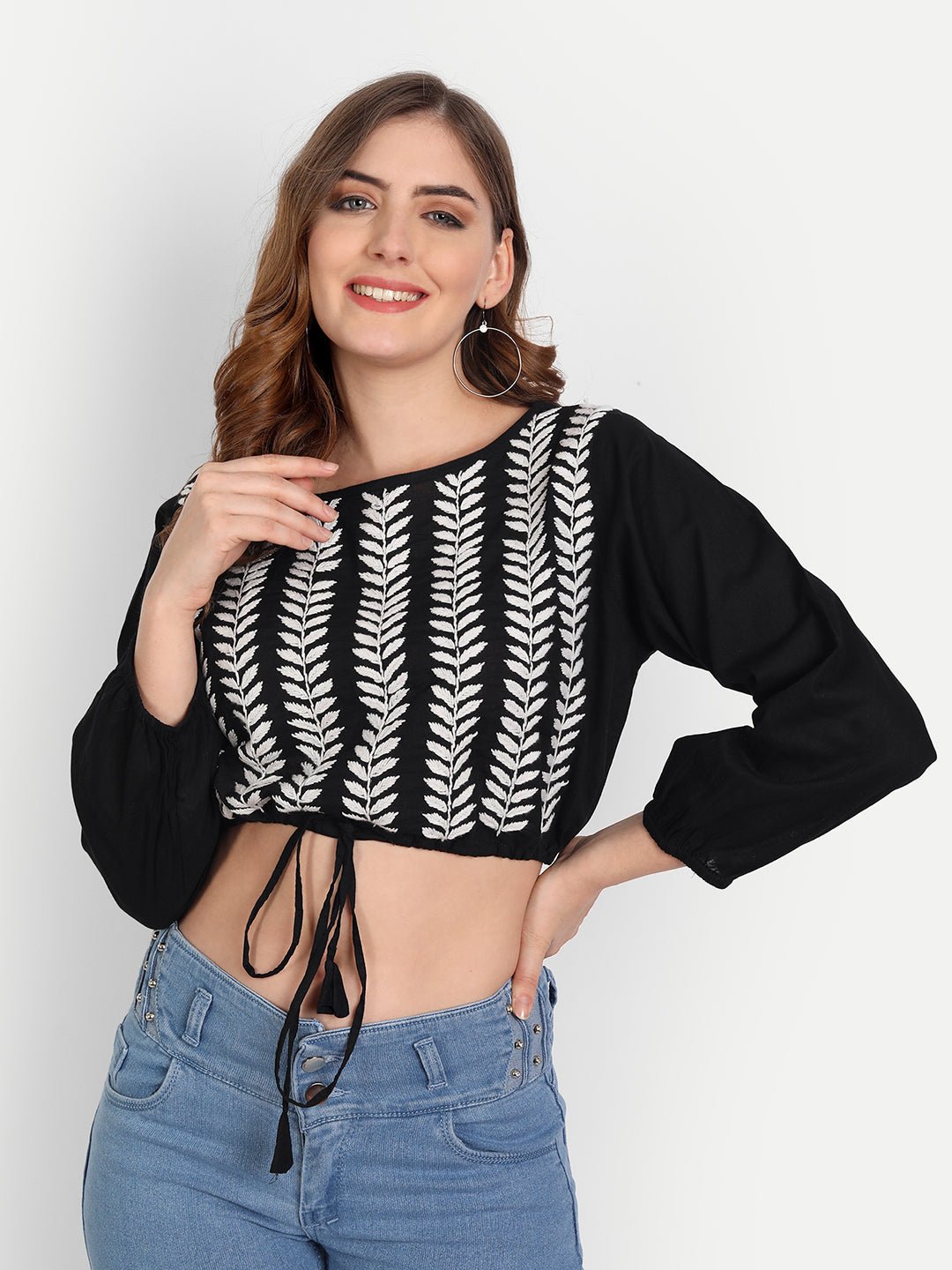 Lucknow Chikankari Hand Embroidered Crop top with Tie ups Cotton - Indiankala4u