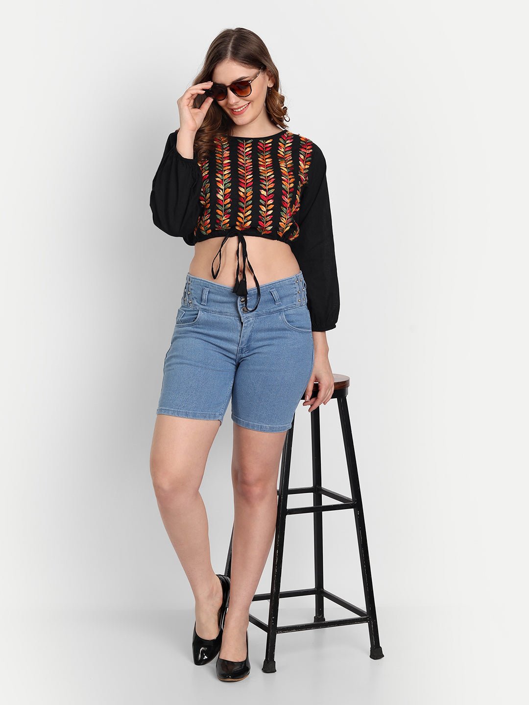 Lucknow Chikankari Hand Embroidered Crop top with Tie ups Cotton - Indiankala4u