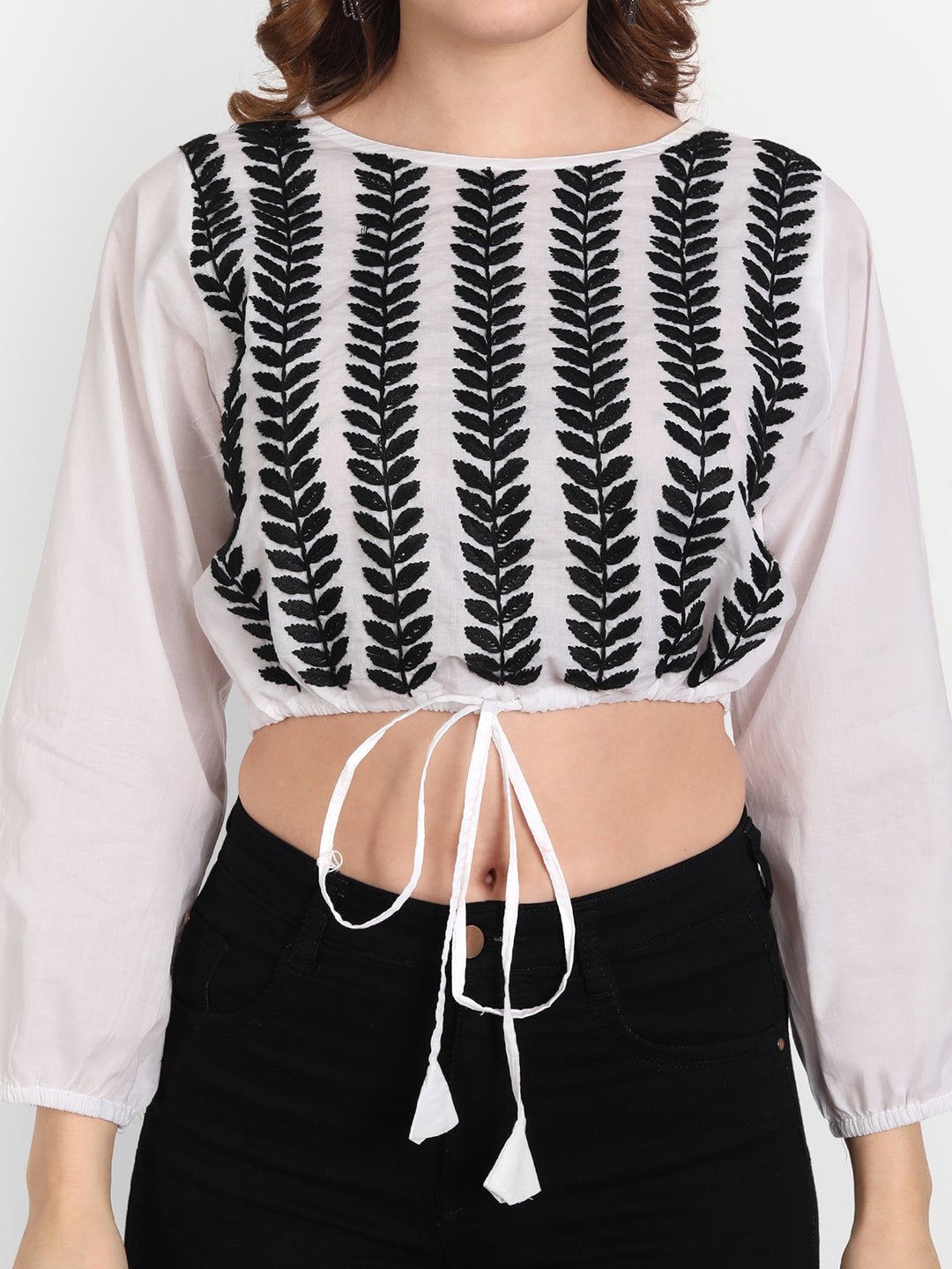 Lucknow Chikankari Hand Embroidered Crop top with Tie ups Cotton - Indiankala4u