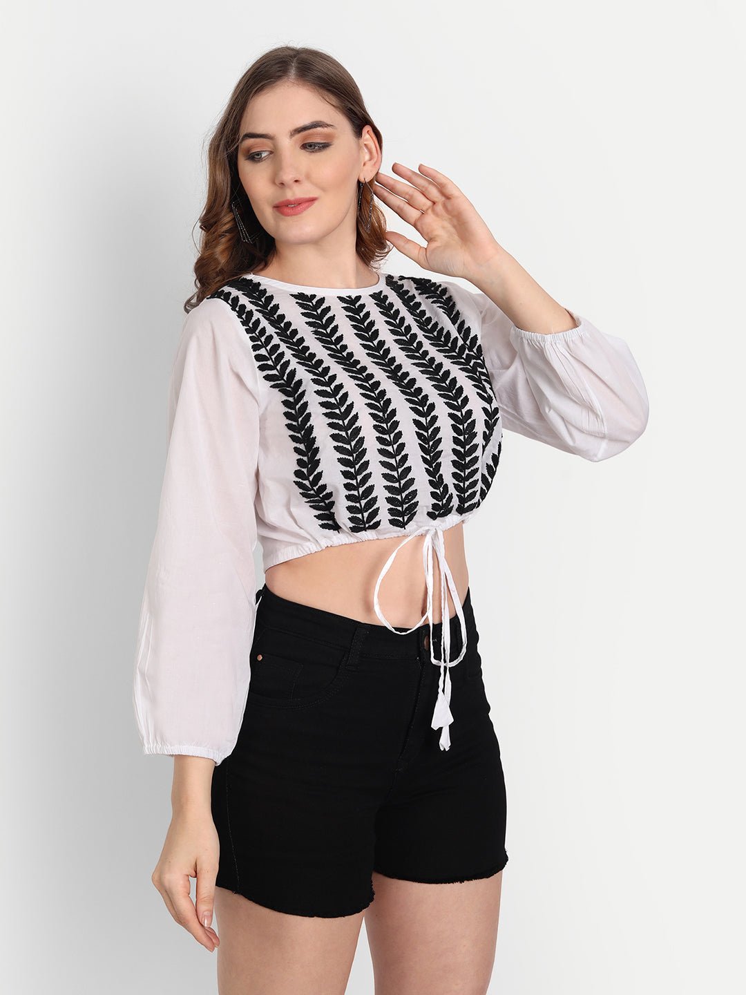 Lucknow Chikankari Hand Embroidered Crop top with Tie ups Cotton - Indiankala4u