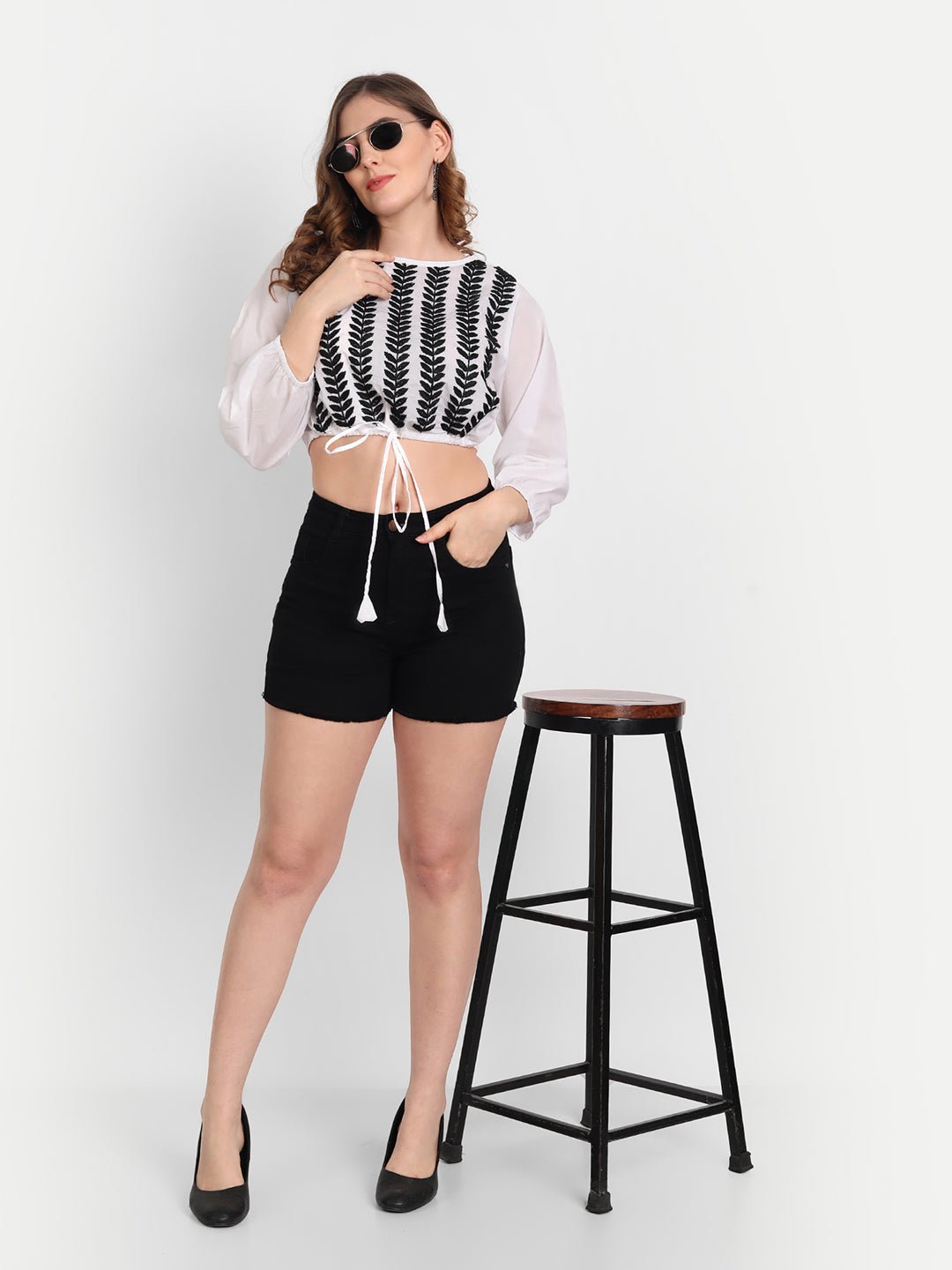 Lucknow Chikankari Hand Embroidered Crop top with Tie ups Cotton - Indiankala4u