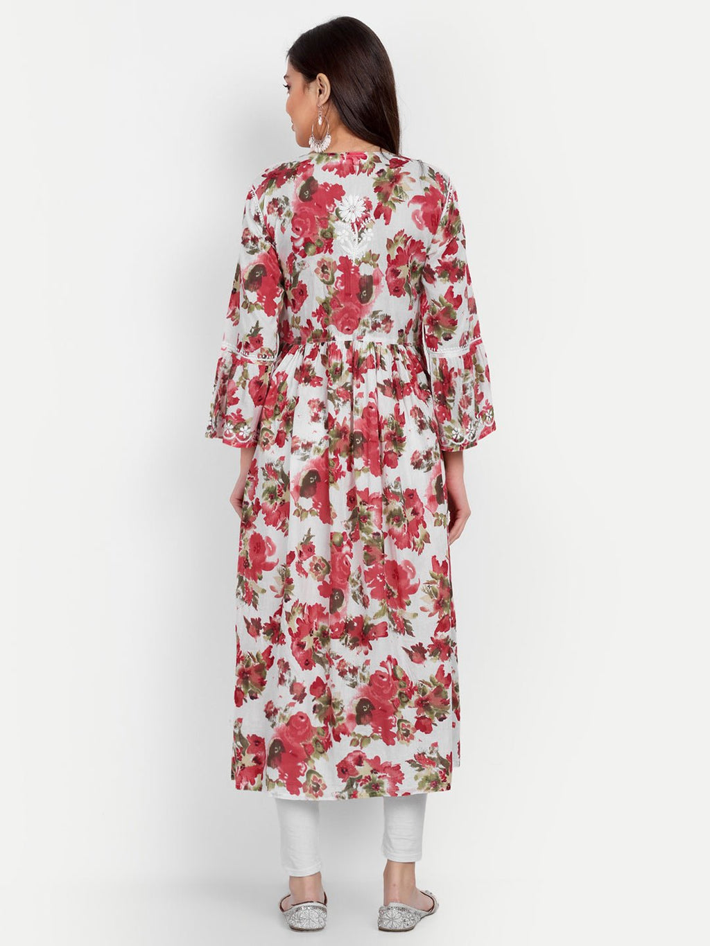 Lucknow Chikankari Hand Embroidered Fit and Flare Angrakha Long Kurta Mulmul Cotton - Indiankala4u