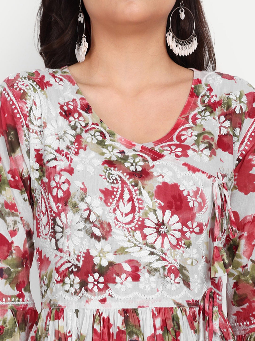 Lucknow Chikankari Hand Embroidered Fit and Flare Angrakha Long Kurta Mulmul Cotton - Indiankala4u