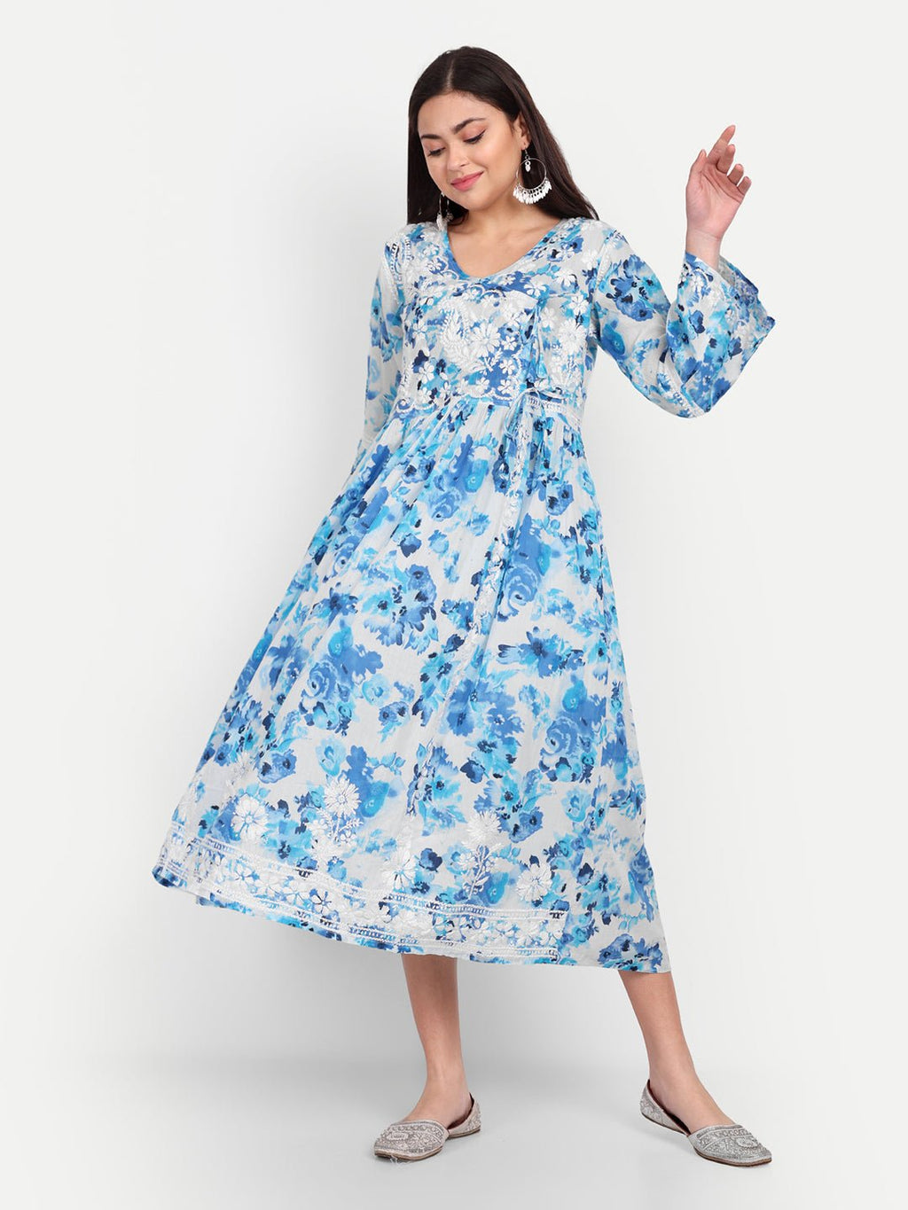 Lucknow Chikankari Hand Embroidered Fit and Flare Angrakha Long Kurta Mulmul Cotton - Indiankala4u