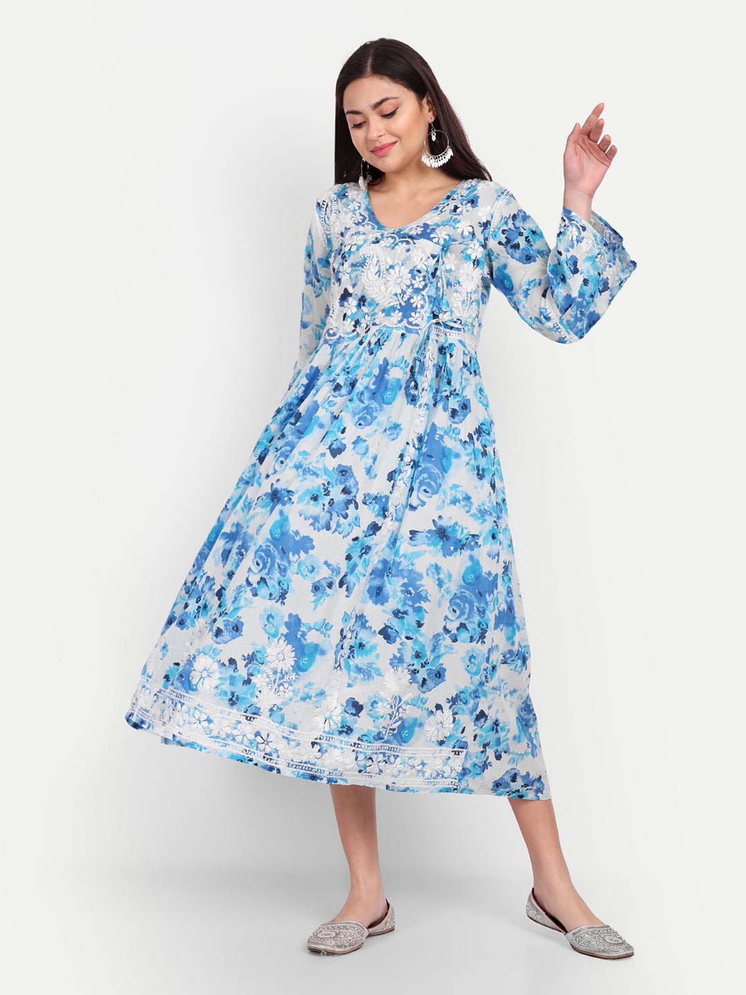 Lucknow Chikankari Hand Embroidered Fit and Flare Angrakha Long Kurta Mulmul Cotton - Indiankala4u