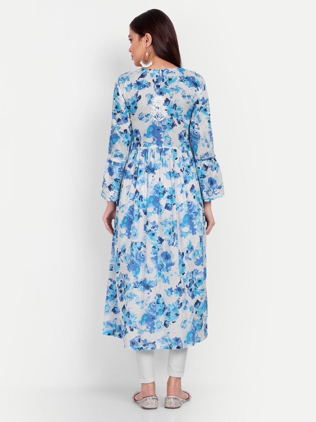 Lucknow Chikankari Hand Embroidered Fit and Flare Angrakha Long Kurta Mulmul Cotton - Indiankala4u