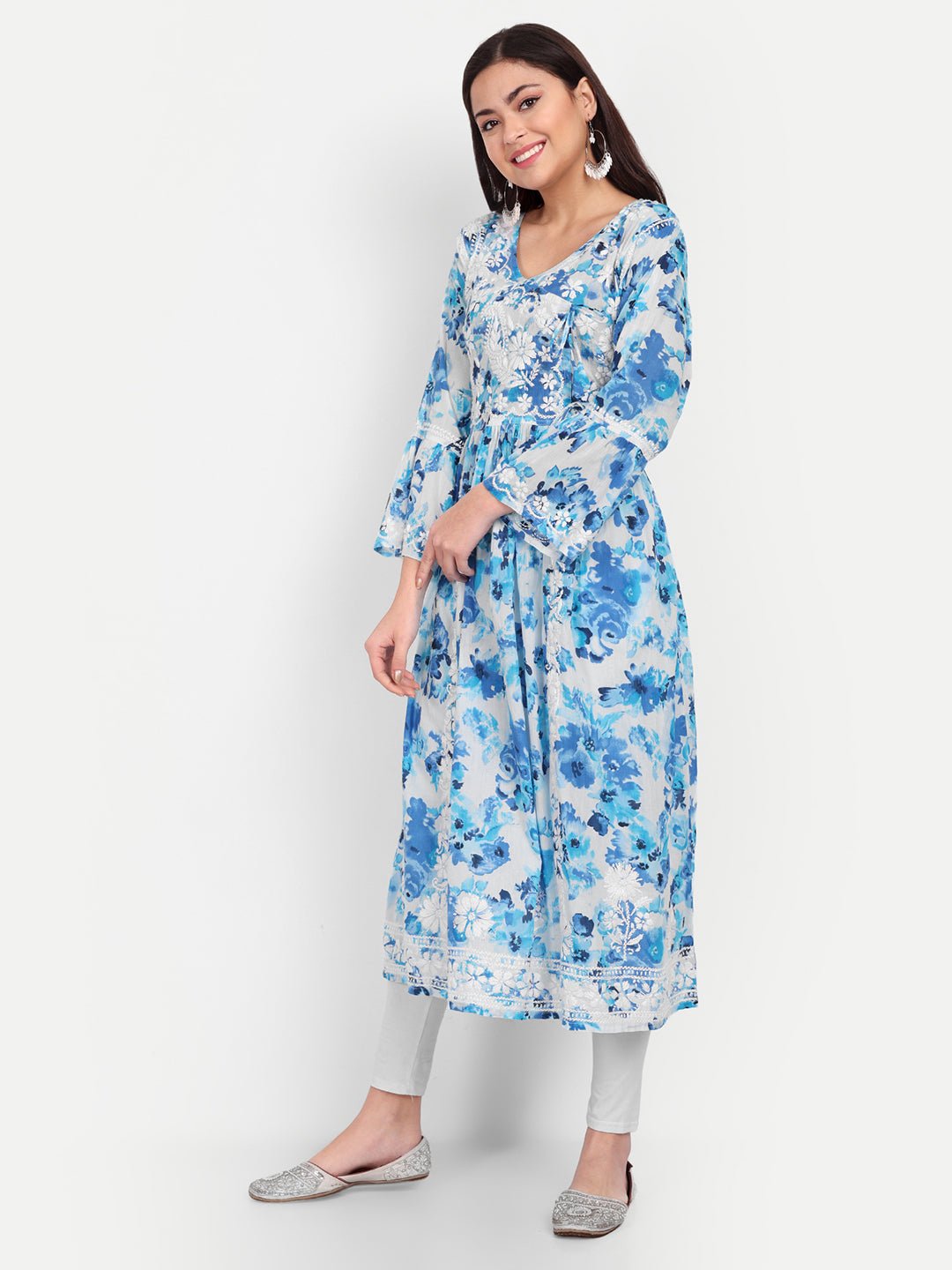 Lucknow Chikankari Hand Embroidered Fit and Flare Angrakha Long Kurta Mulmul Cotton - Indiankala4u