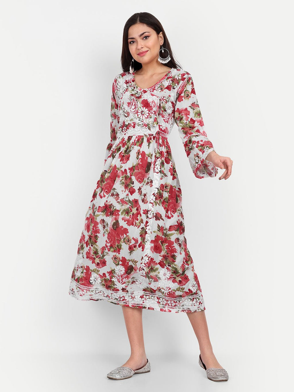 Lucknow Chikankari Hand Embroidered Fit and Flare Angrakha Long Kurta Mulmul Cotton - Indiankala4u