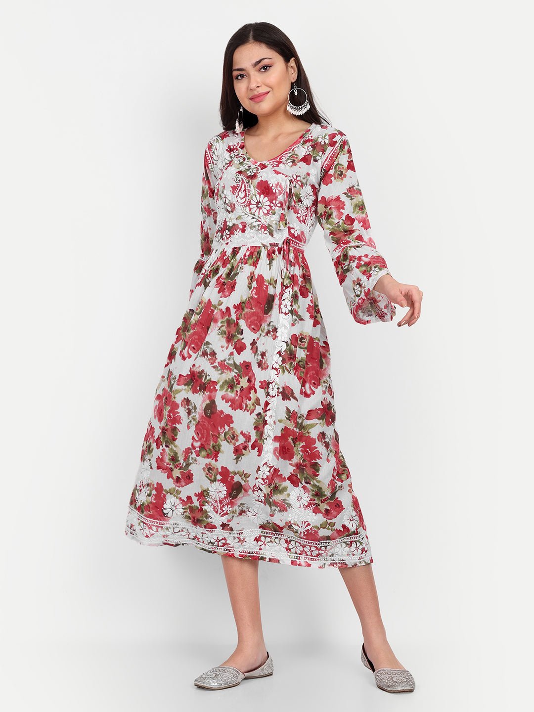 Lucknow Chikankari Hand Embroidered Fit and Flare Angrakha Long Kurta Mulmul Cotton - Indiankala4u