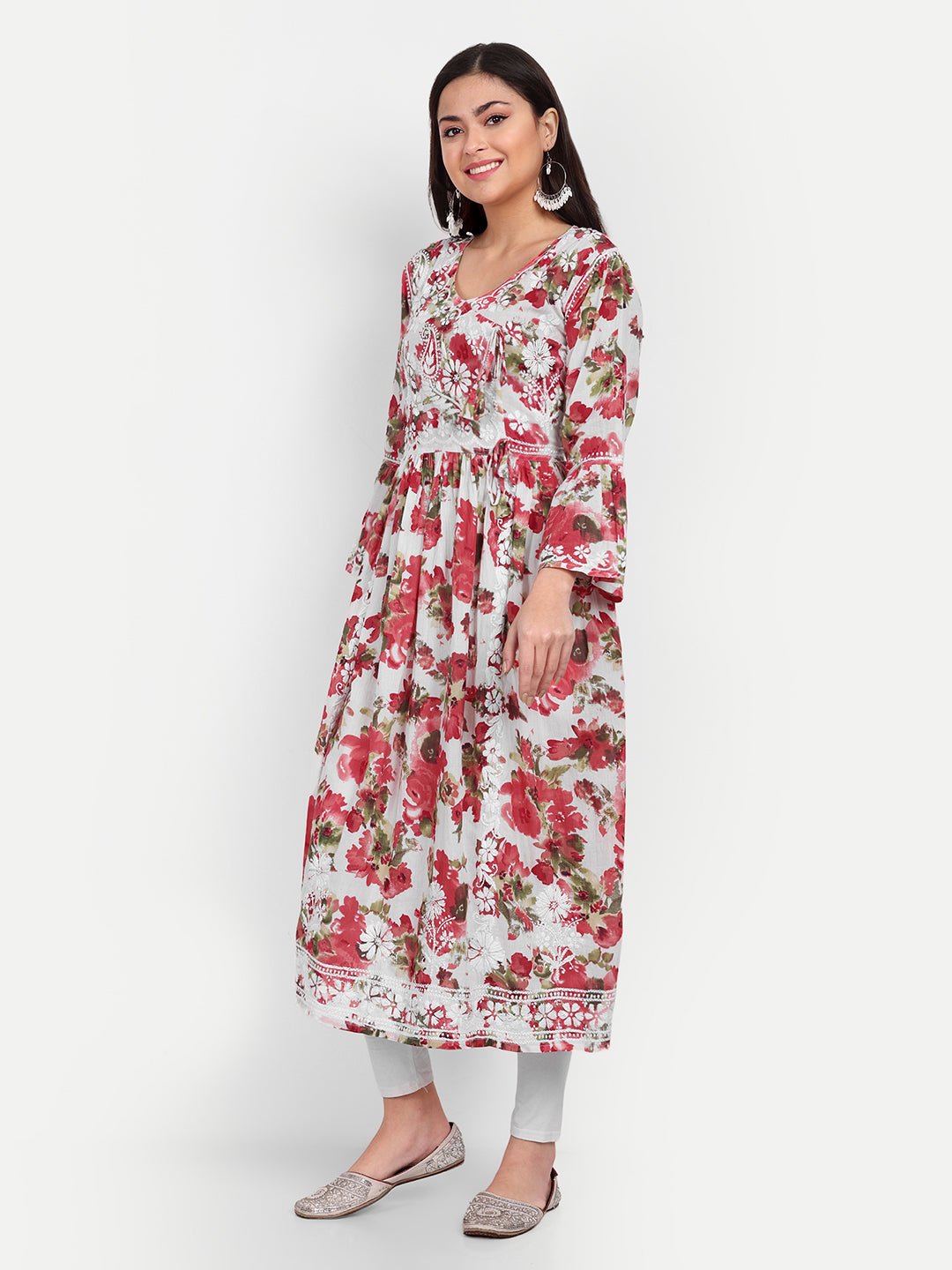 Lucknow Chikankari Hand Embroidered Fit and Flare Angrakha Long Kurta Mulmul Cotton - Indiankala4u