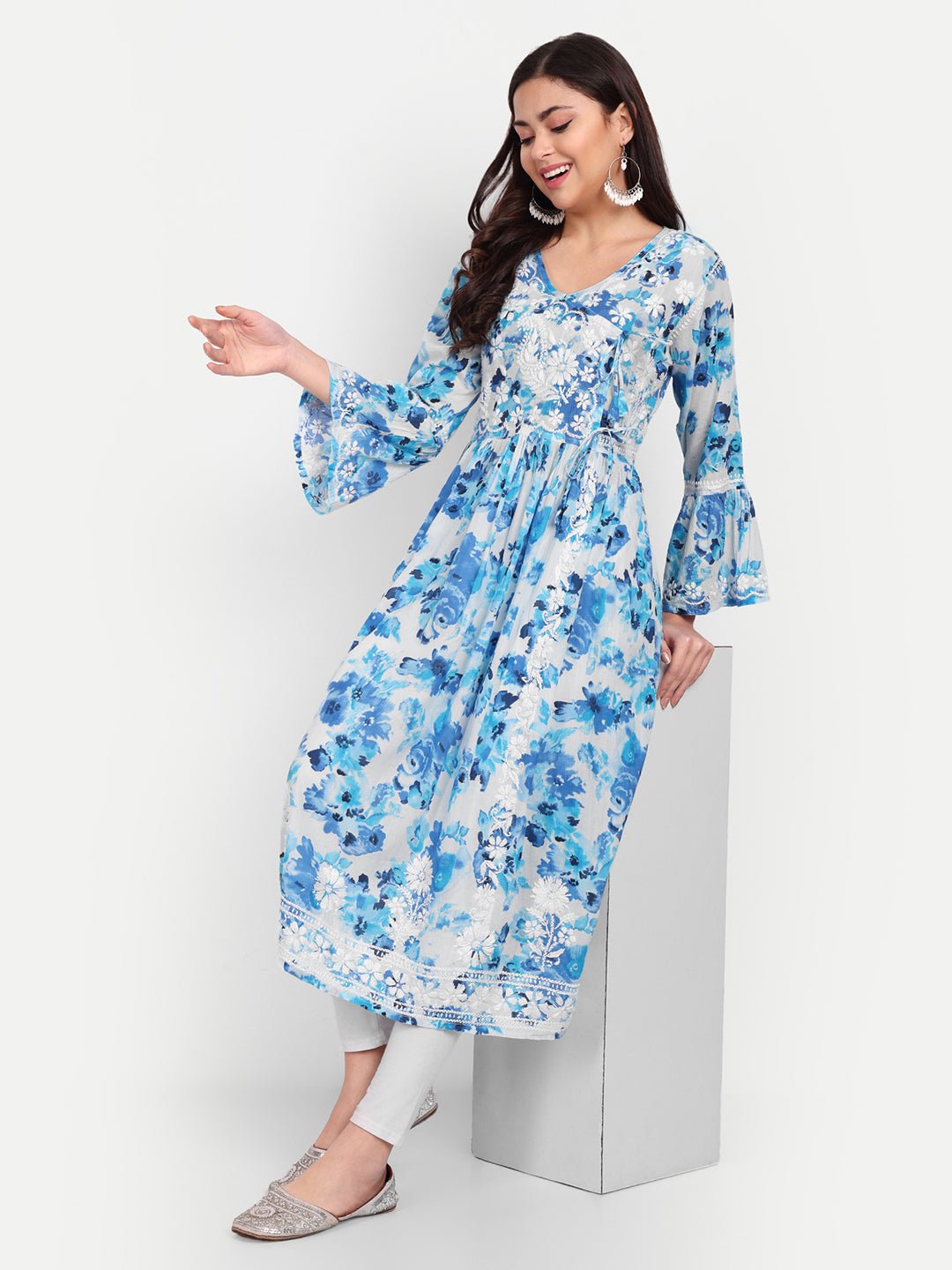 Lucknow Chikankari Hand Embroidered Fit and Flare Angrakha Long Kurta Mulmul Cotton - Indiankala4u