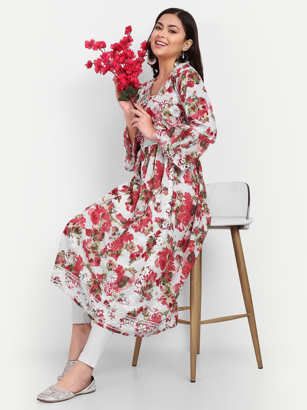 Lucknow Chikankari Hand Embroidered Fit and Flare Angrakha Long Kurta Mulmul Cotton - Indiankala4u