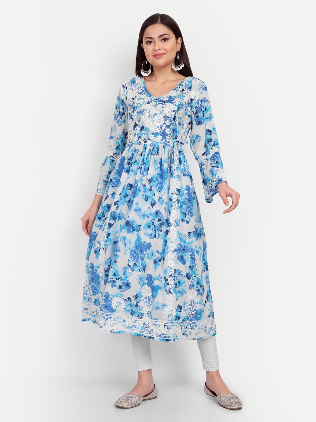 Lucknow Chikankari Hand Embroidered Fit and Flare Angrakha Long Kurta Mulmul Cotton - Indiankala4u