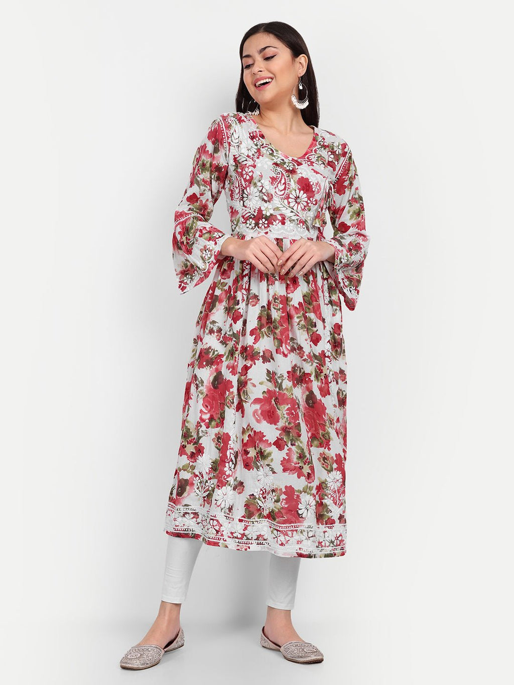 Lucknow Chikankari Hand Embroidered Fit and Flare Angrakha Long Kurta Mulmul Cotton - Indiankala4u