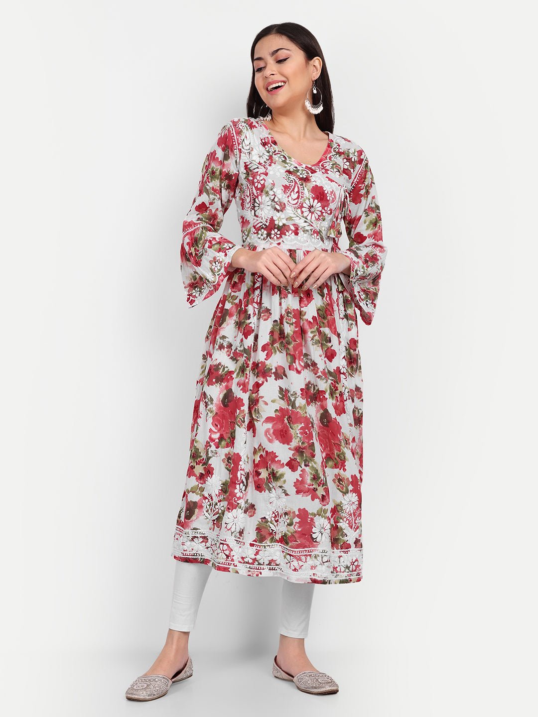 Lucknow Chikankari Hand Embroidered Fit and Flare Angrakha Long Kurta Mulmul Cotton - Indiankala4u