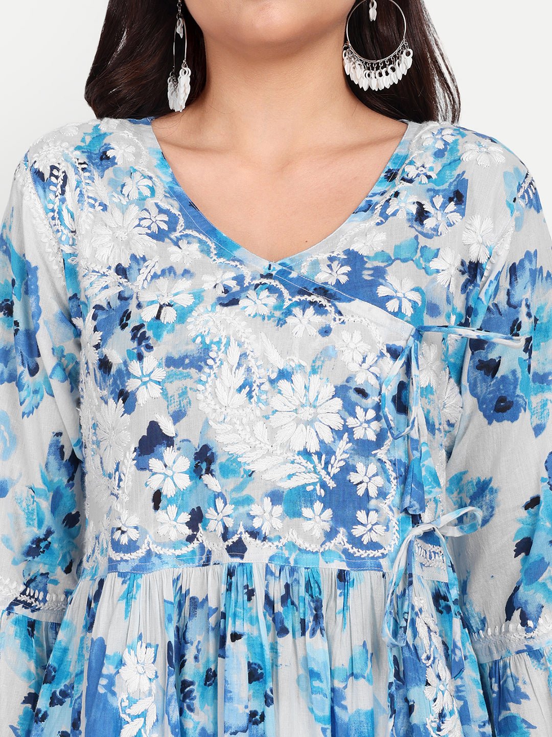 Lucknow Chikankari Hand Embroidered Fit and Flare Angrakha Long Kurta Mulmul Cotton - Indiankala4u