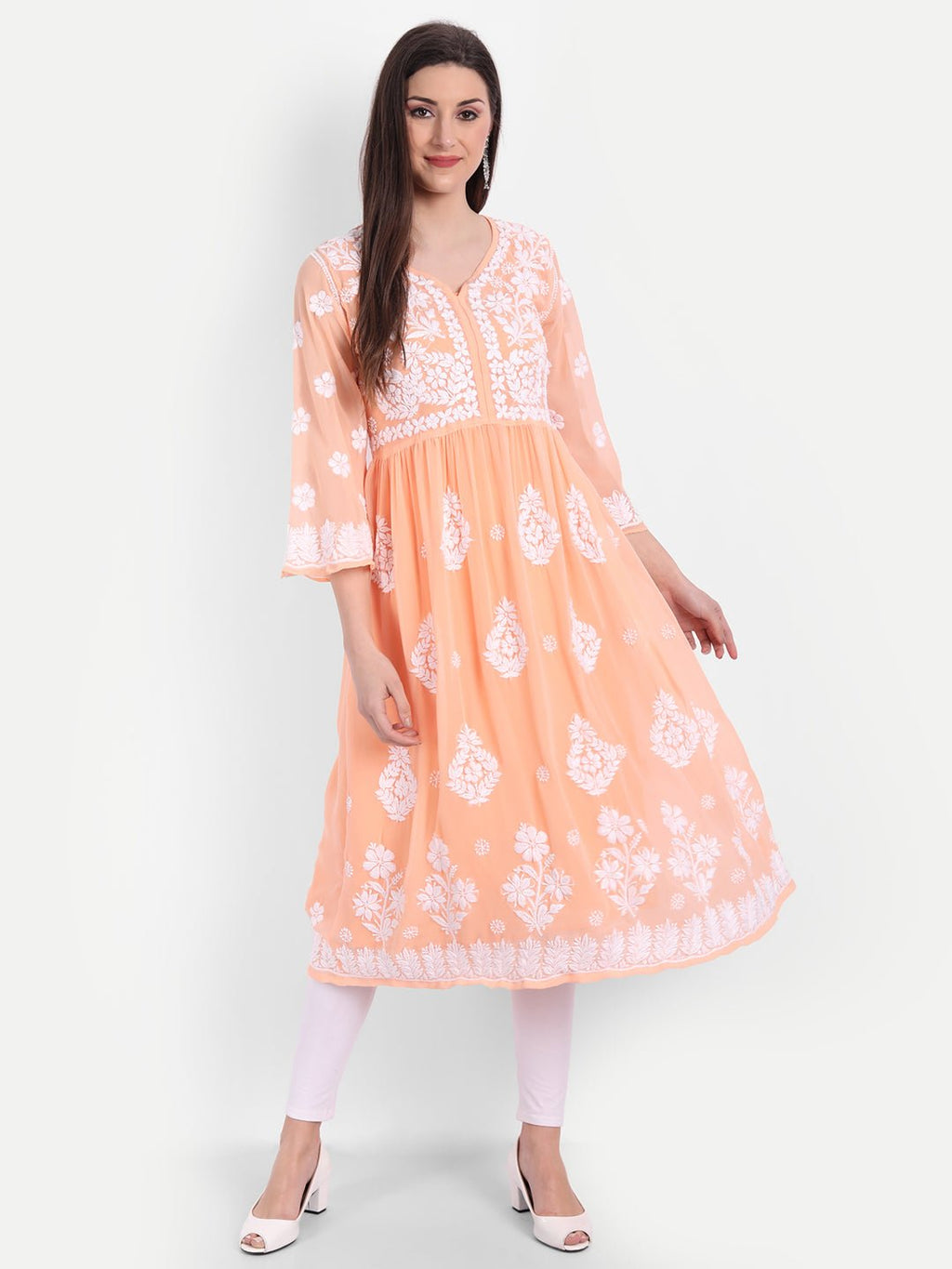 Lucknow Chikankari Hand Embroidered Fit & Flare Kurti with Matching Inner, Georgette - Indiankala4u