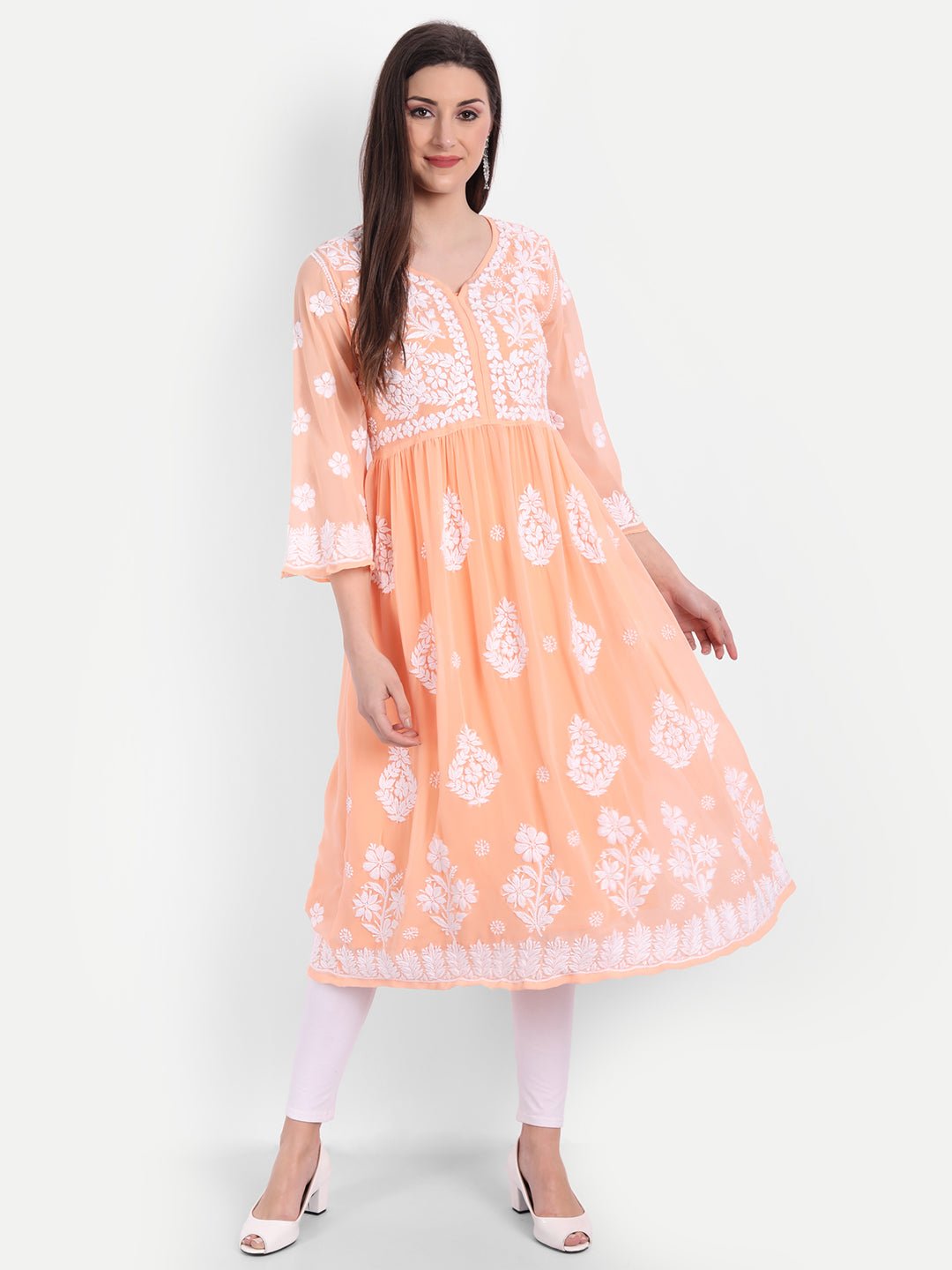 Lucknow Chikankari Hand Embroidered Fit & Flare Kurti with Matching Inner, Georgette - Indiankala4u