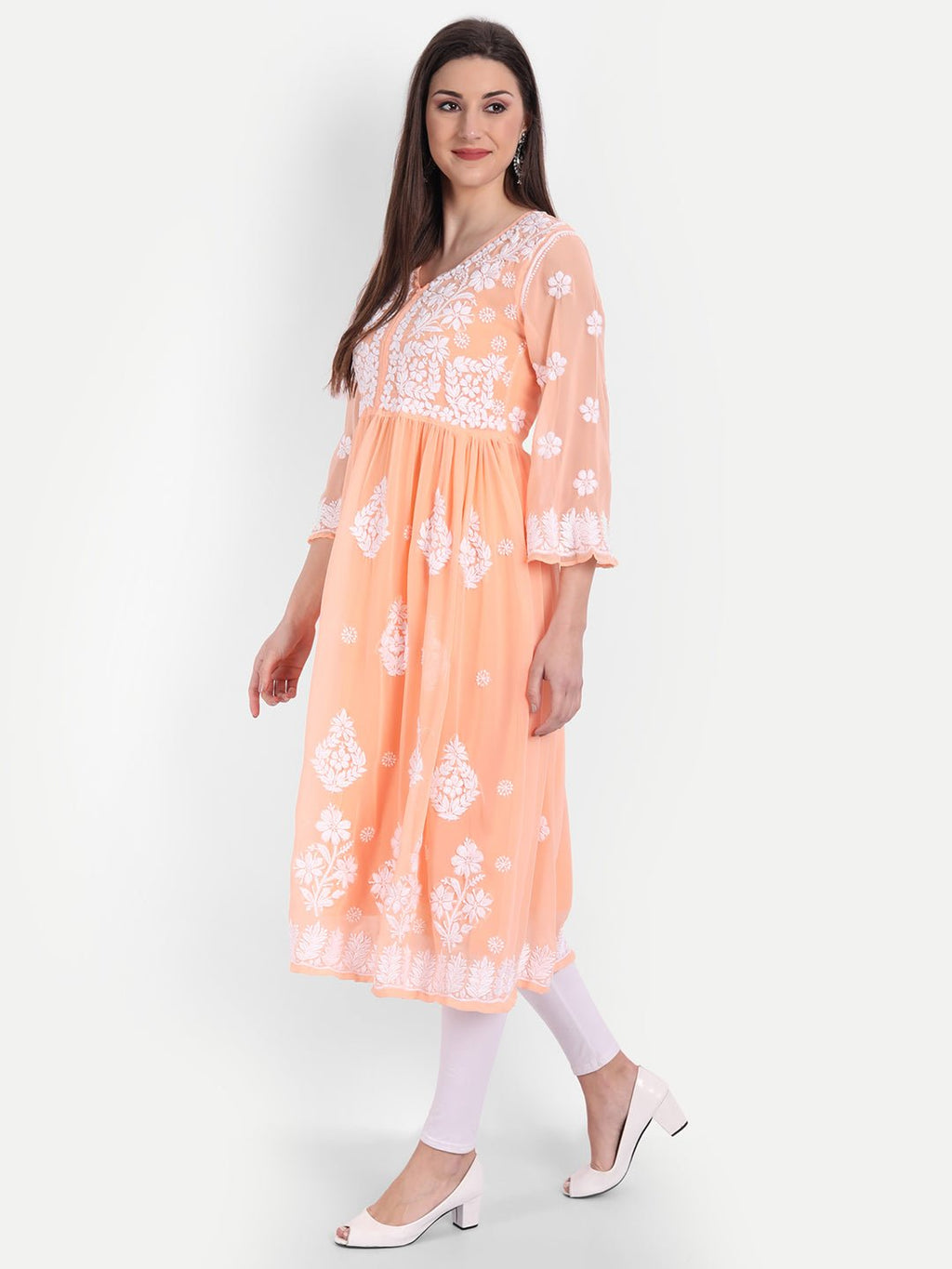 Lucknow Chikankari Hand Embroidered Fit & Flare Kurti with Matching Inner, Georgette - Indiankala4u