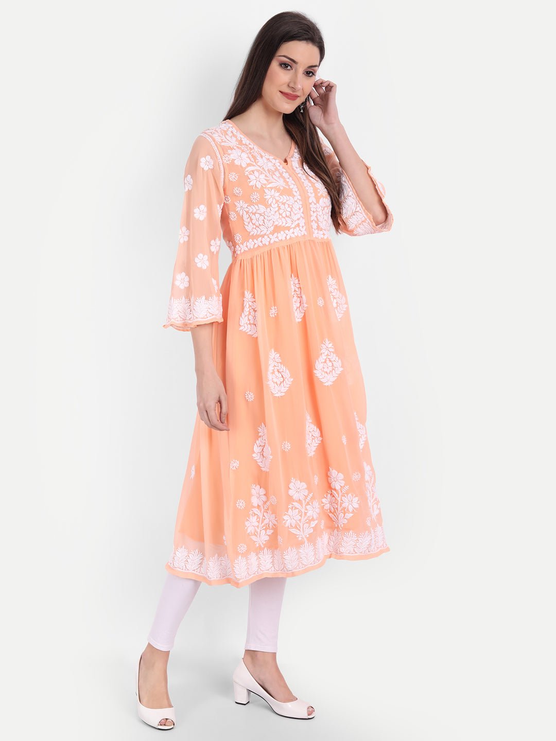 Lucknow Chikankari Hand Embroidered Fit & Flare Kurti with Matching Inner, Georgette - Indiankala4u
