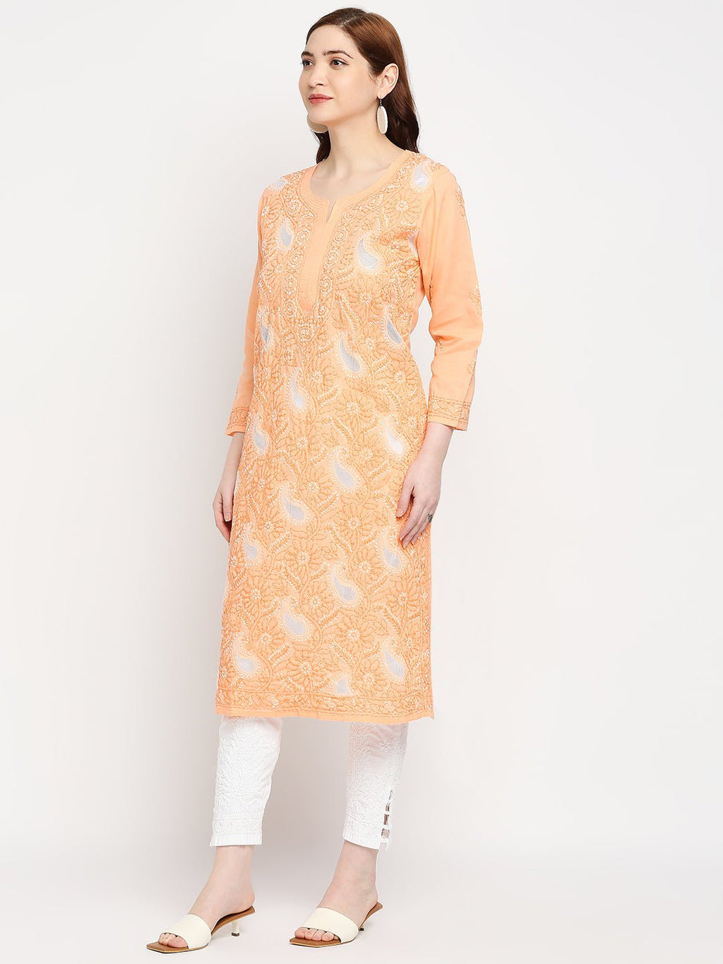 Lucknow Chikankari Hand Embroidered Kurta Cotton - Indiankala4u