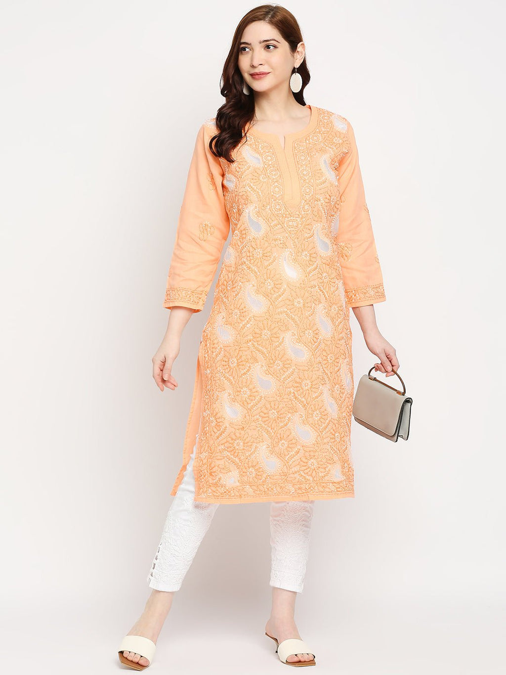Lucknow Chikankari Hand Embroidered Kurta Cotton - Indiankala4u