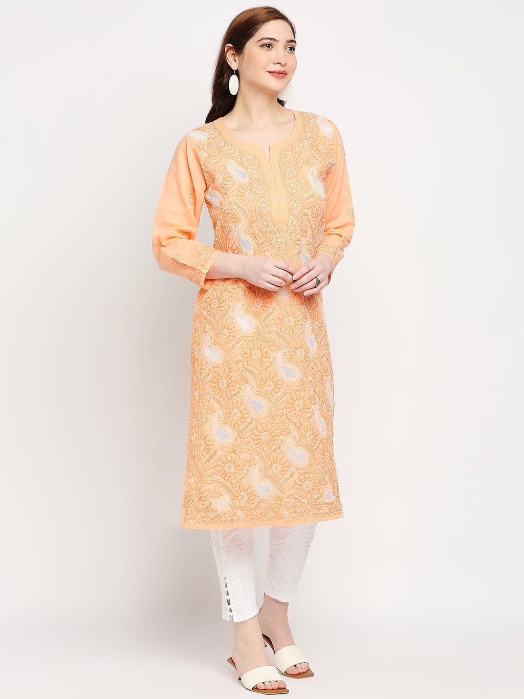 Lucknow Chikankari Hand Embroidered Kurta Cotton - Indiankala4u