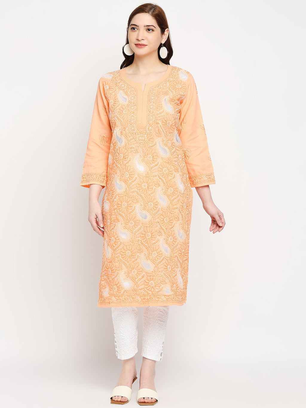 Lucknow Chikankari Hand Embroidered Kurta Cotton - Indiankala4u