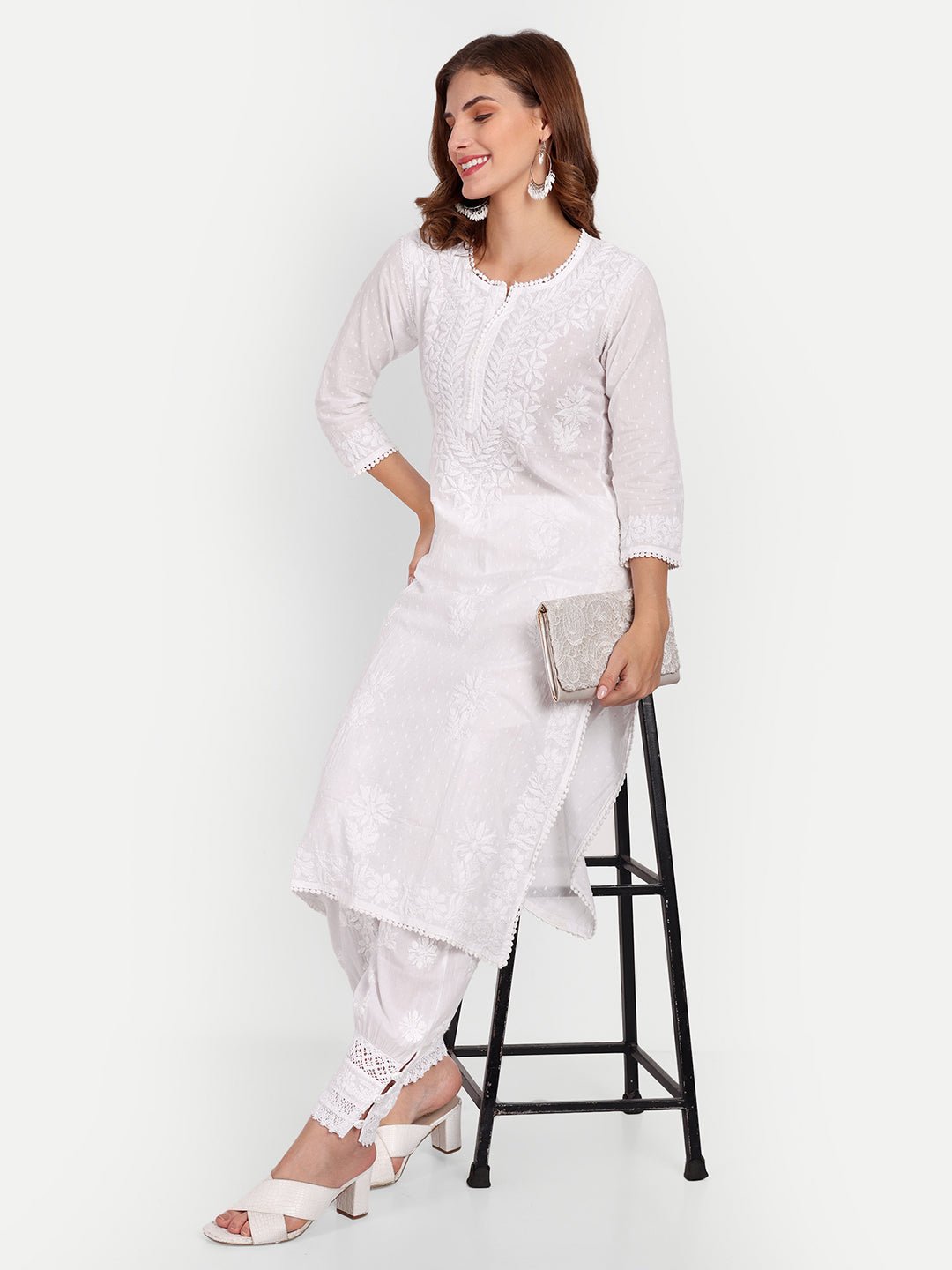 Lucknow Chikankari Hand Embroidered Kurta Cotton - Indiankala4u