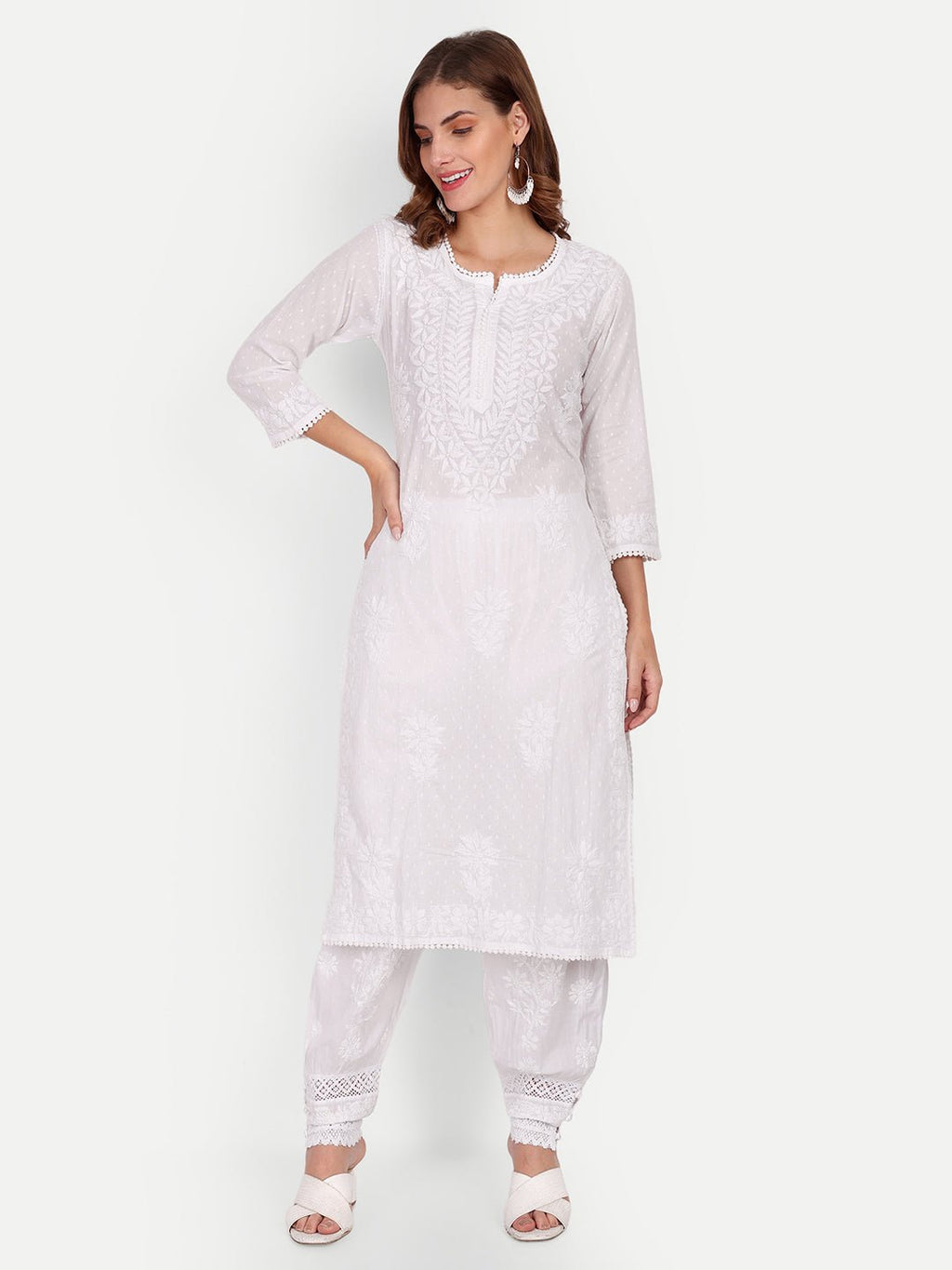 Lucknow Chikankari Hand Embroidered Kurta Cotton - Indiankala4u